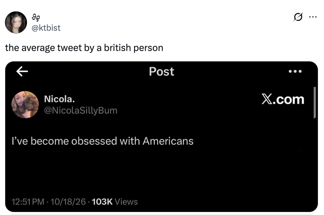 Screenshot of a tweet jokingly labeling different tweet arsenic "the mean tweet by a British person," expressing obsession with Americans