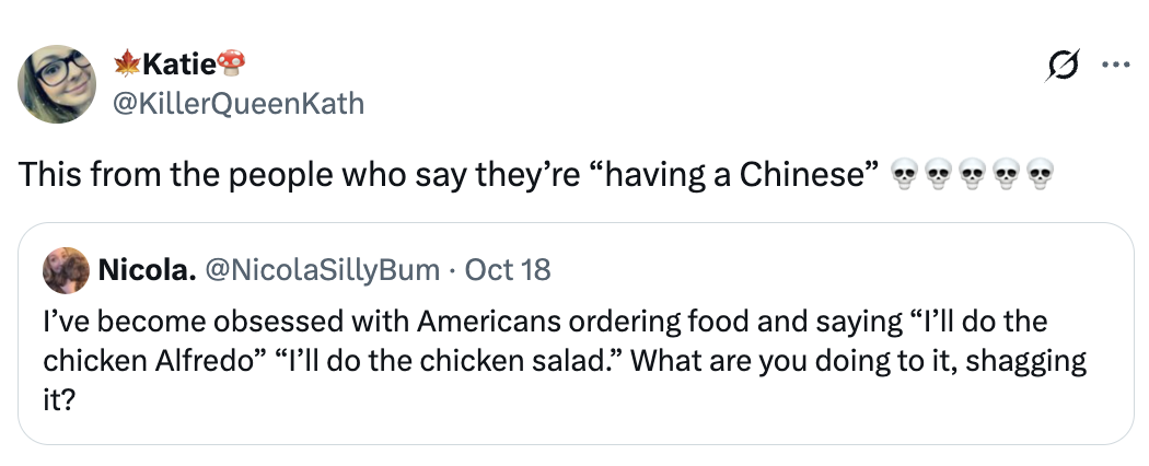 A societal media station humorously critiques Americans' phrasing erstwhile ordering Italian and Chinese food