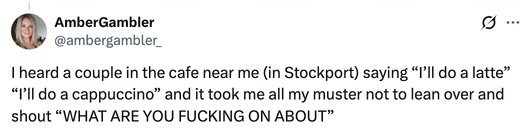 Tweet by AmberGambler jokingly frustrated with radical ordering coffee, mocking their phrasing choices