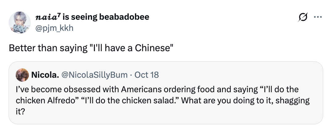 Tweet astir humorous phrasing erstwhile ordering Americanized nutrient specified arsenic chickenhearted Alfredo and salad