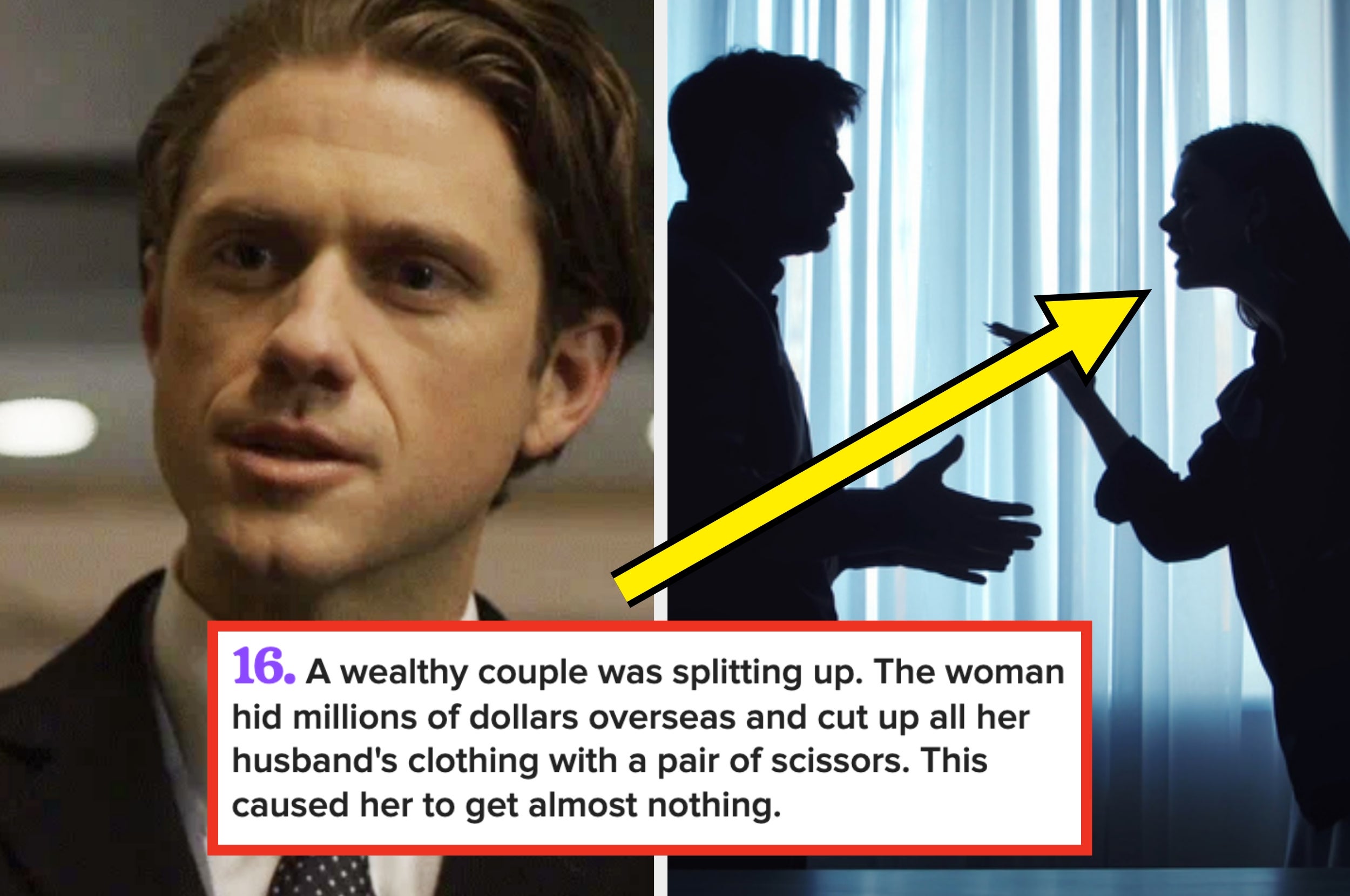 Lawyer on the left; a couple arguing on the right; caption describes a wealthy couple's case where the woman hid money and cut up the ex-husband's clothes