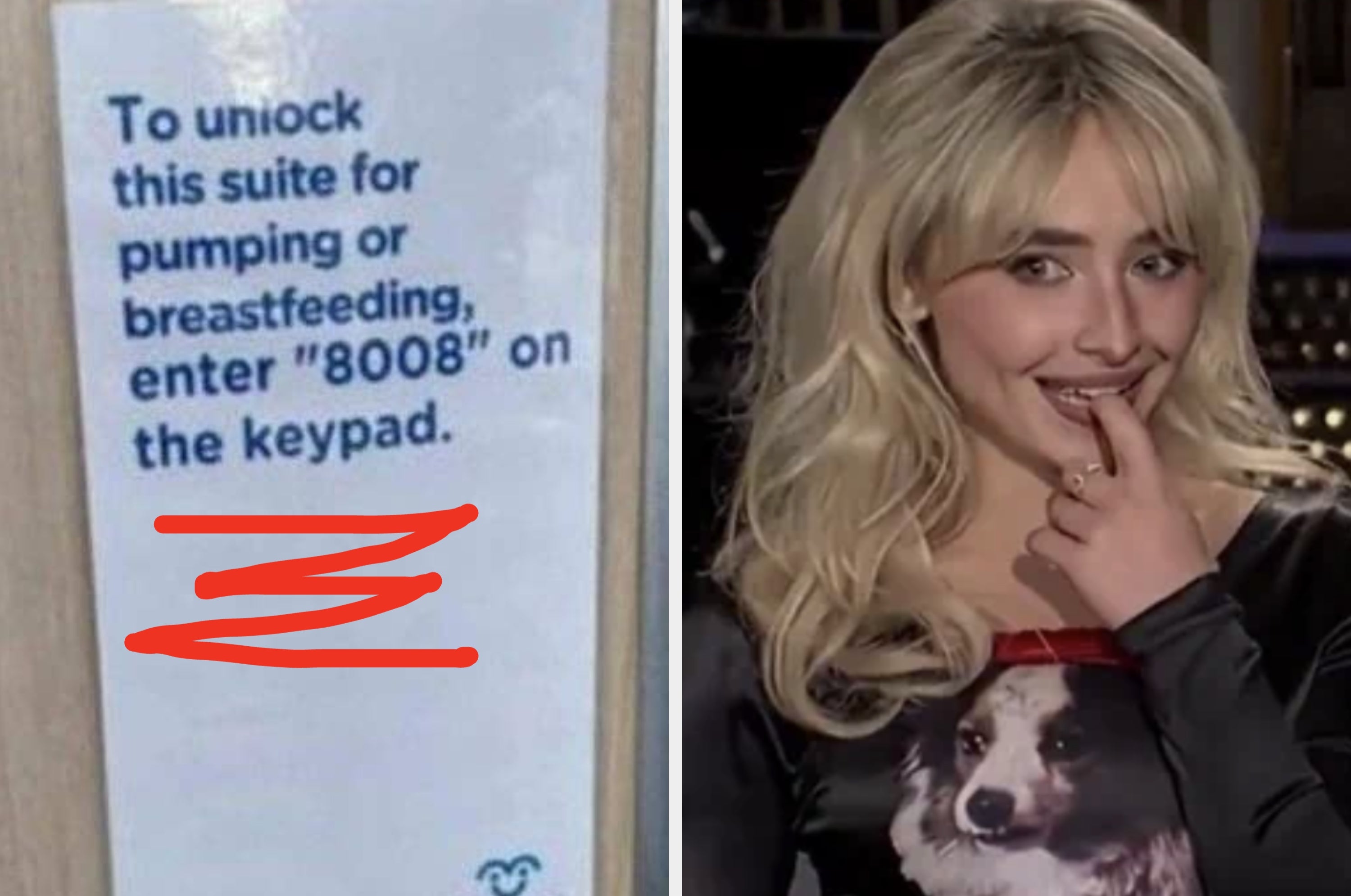 A sign that says "to unlock this suite for pumping or breastfeeding enter 8008 on the keypad" next to Anna Kendrick giving a sly look