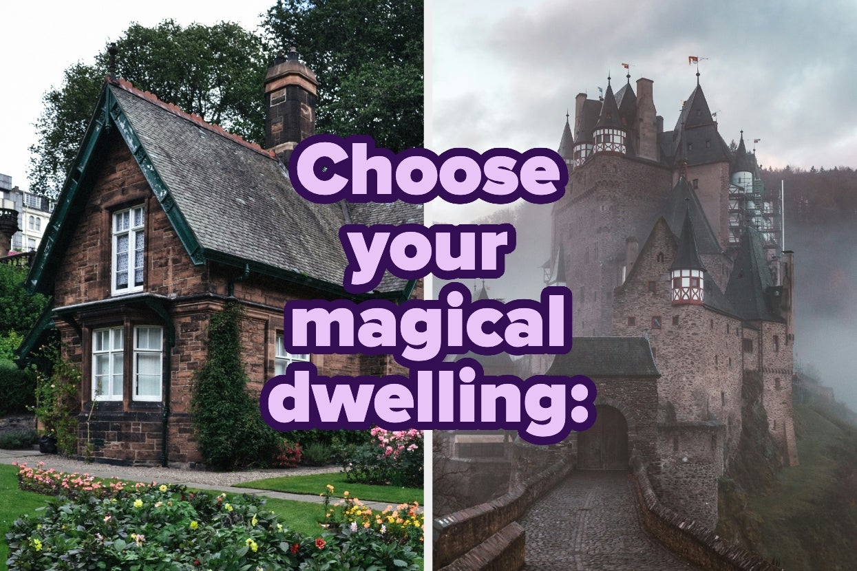 Left: Cozy brick cottage with a garden. Right: Mystical castle shrouded in mist. Text: "Choose your magical dwelling."