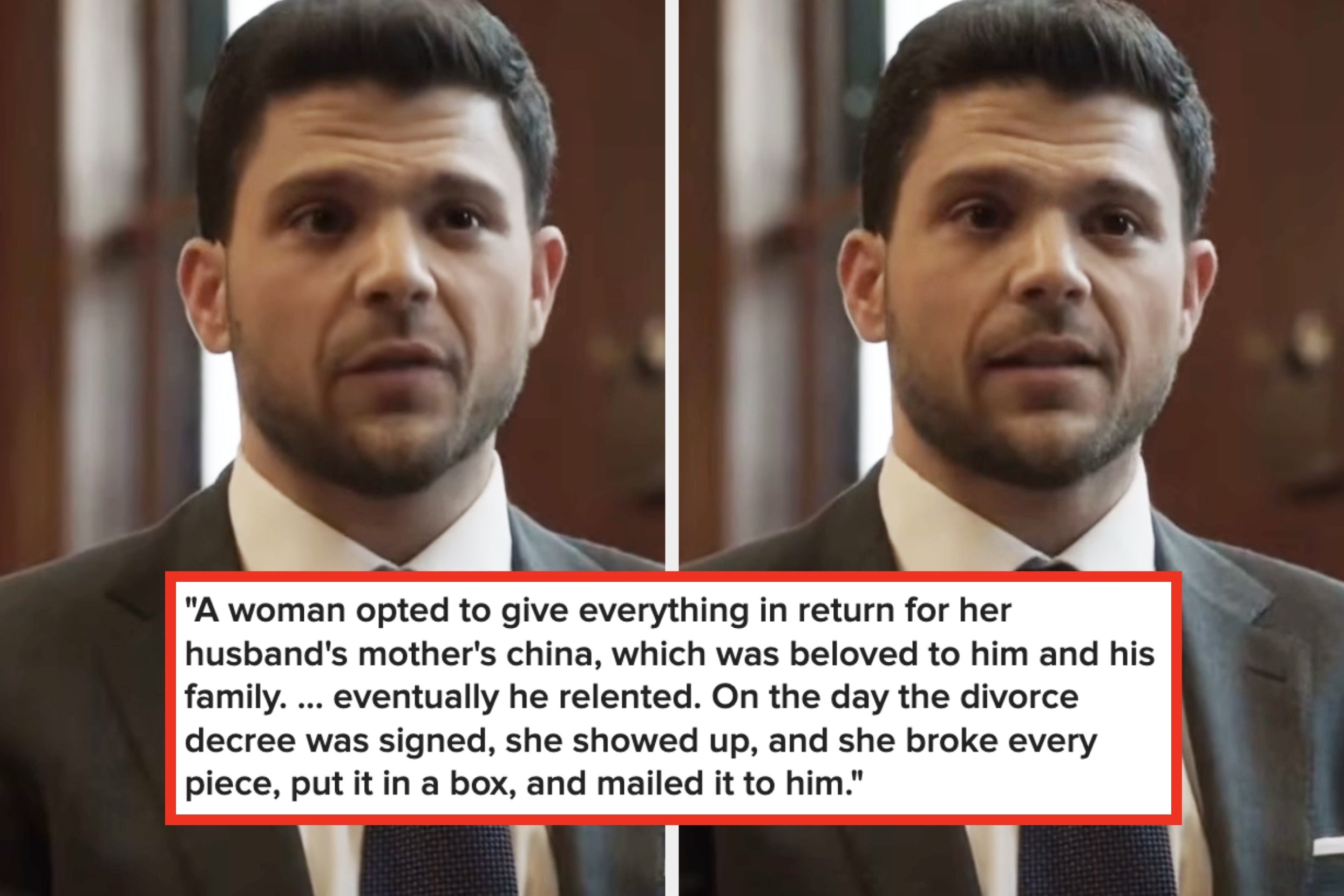 Lawyer faces camera; text: A woman broke her husband's mother's cherished china and mailed it to him after their divorce