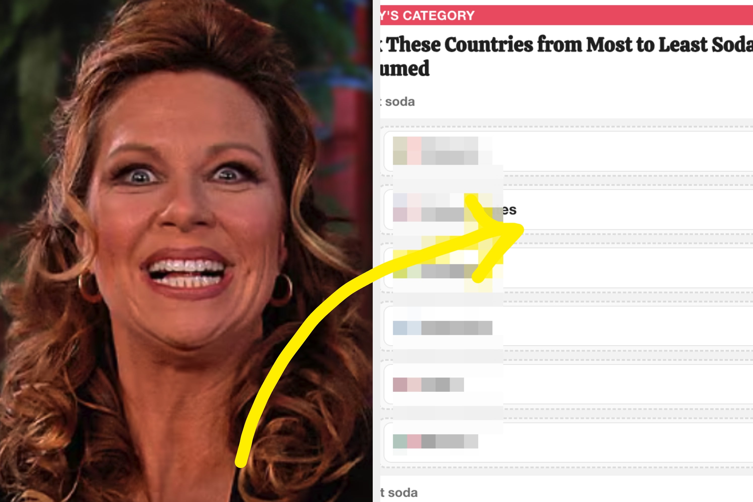 Smiling woman with styled hair and makeup next to a list highlighting soda consumption by country. Bright arrow points to the list