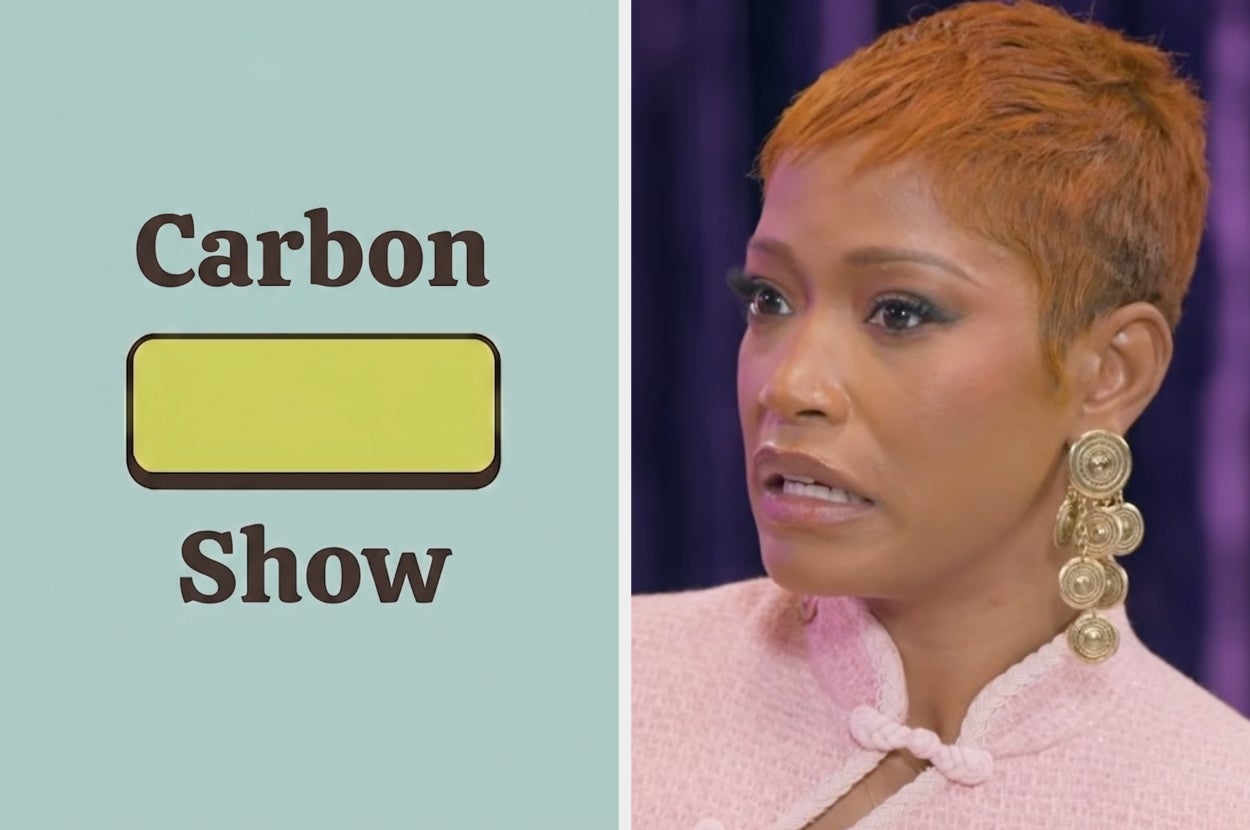 Split image: On left, "Carbon Show" text with a yellow rectangle. On right, person with short hair and statement earrings