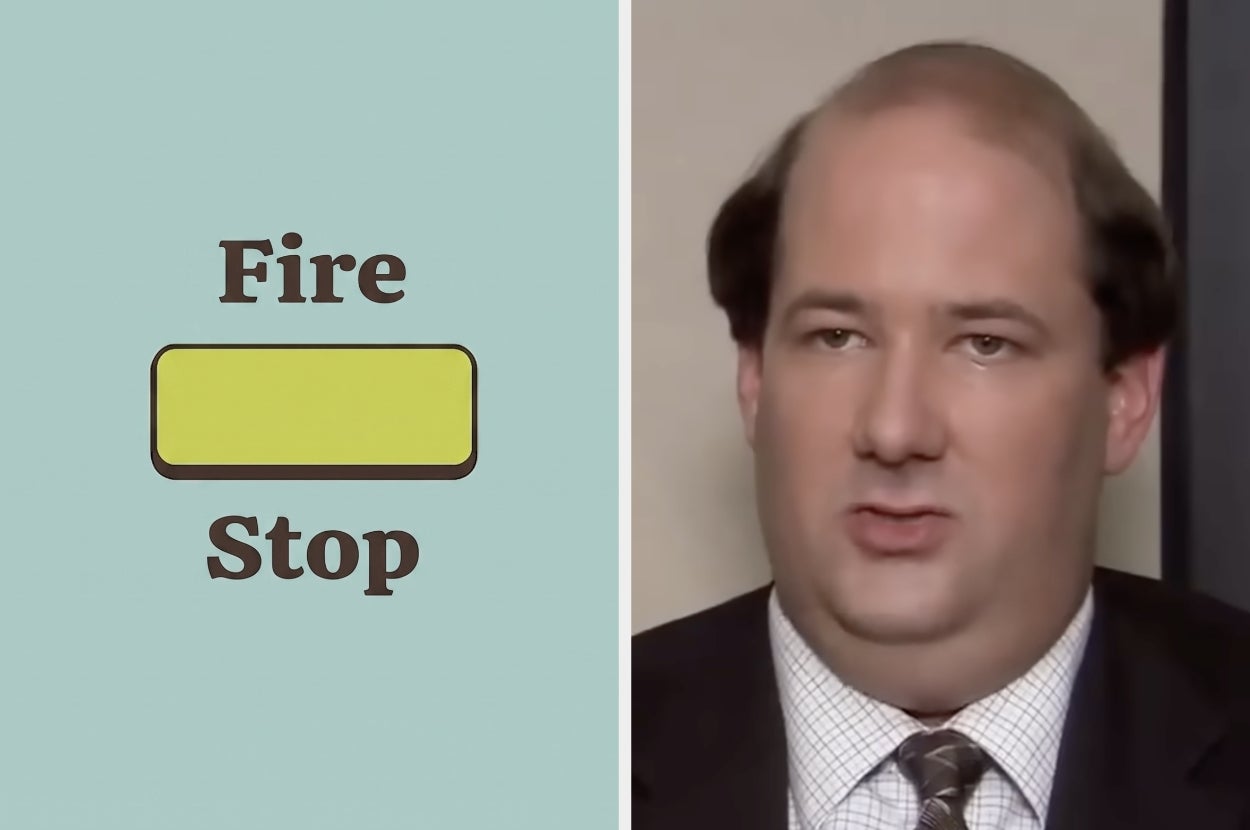Image with text "Fire" and "Stop" above and below a yellow rectangle; next to a person with a neutral expression