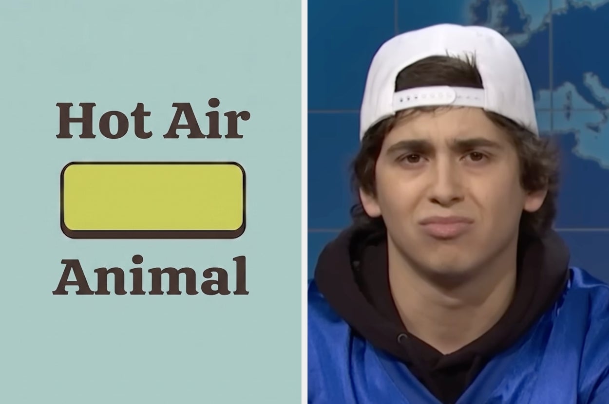 Split image: Left shows the words "Hot Air Animal" with a blank space; right shows a person in a backward cap looking puzzled