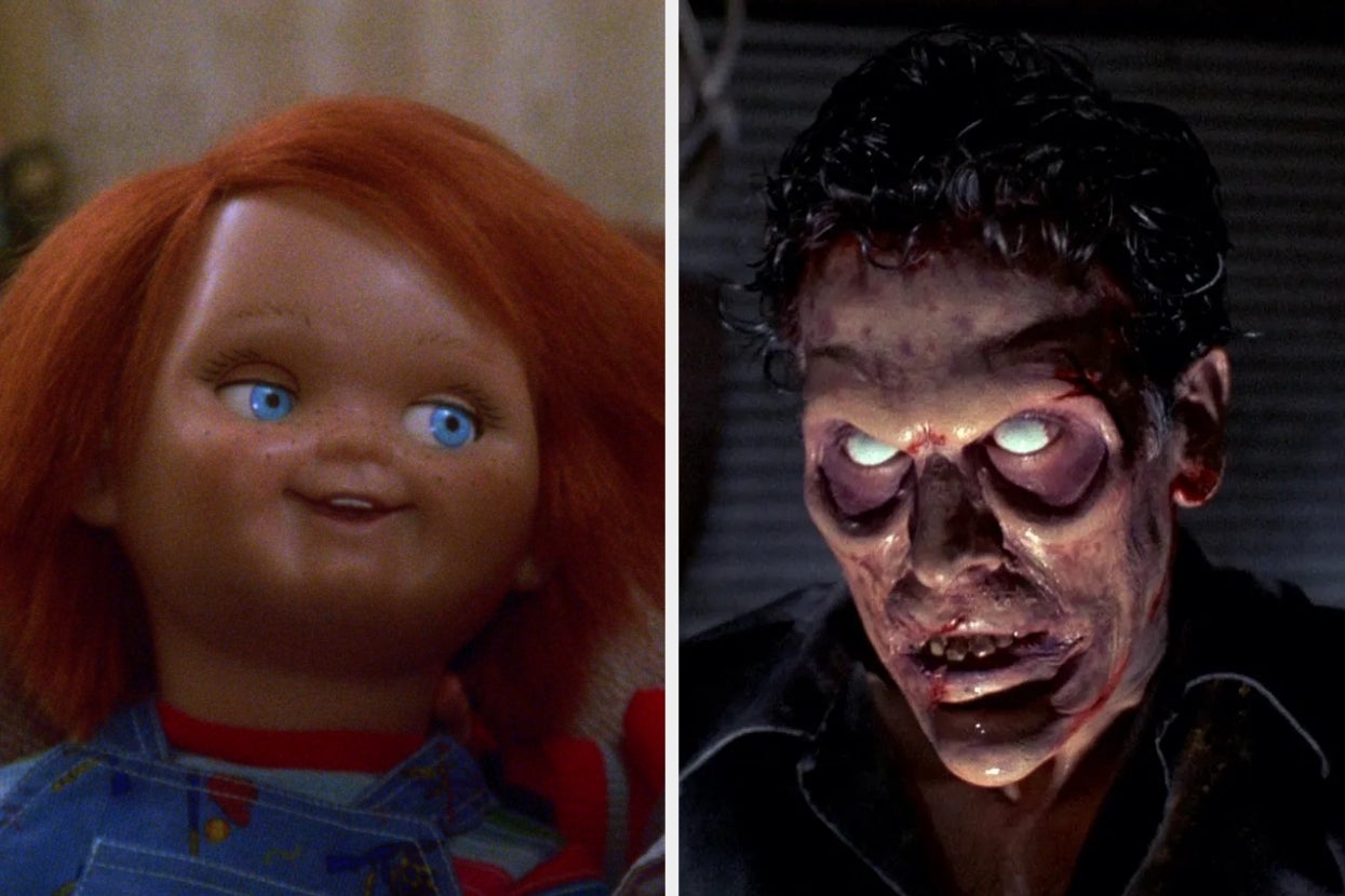 Image of a doll with red hair on the left and a zombie with glowing eyes on the right, both iconic in horror media