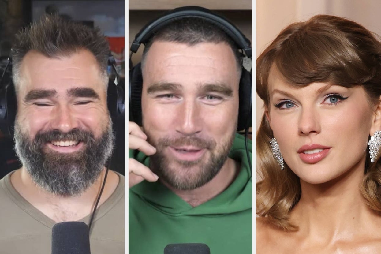 Three people are shown side by side. The first two are wearing headphones and appear to be speaking; the third is posing elegantly
