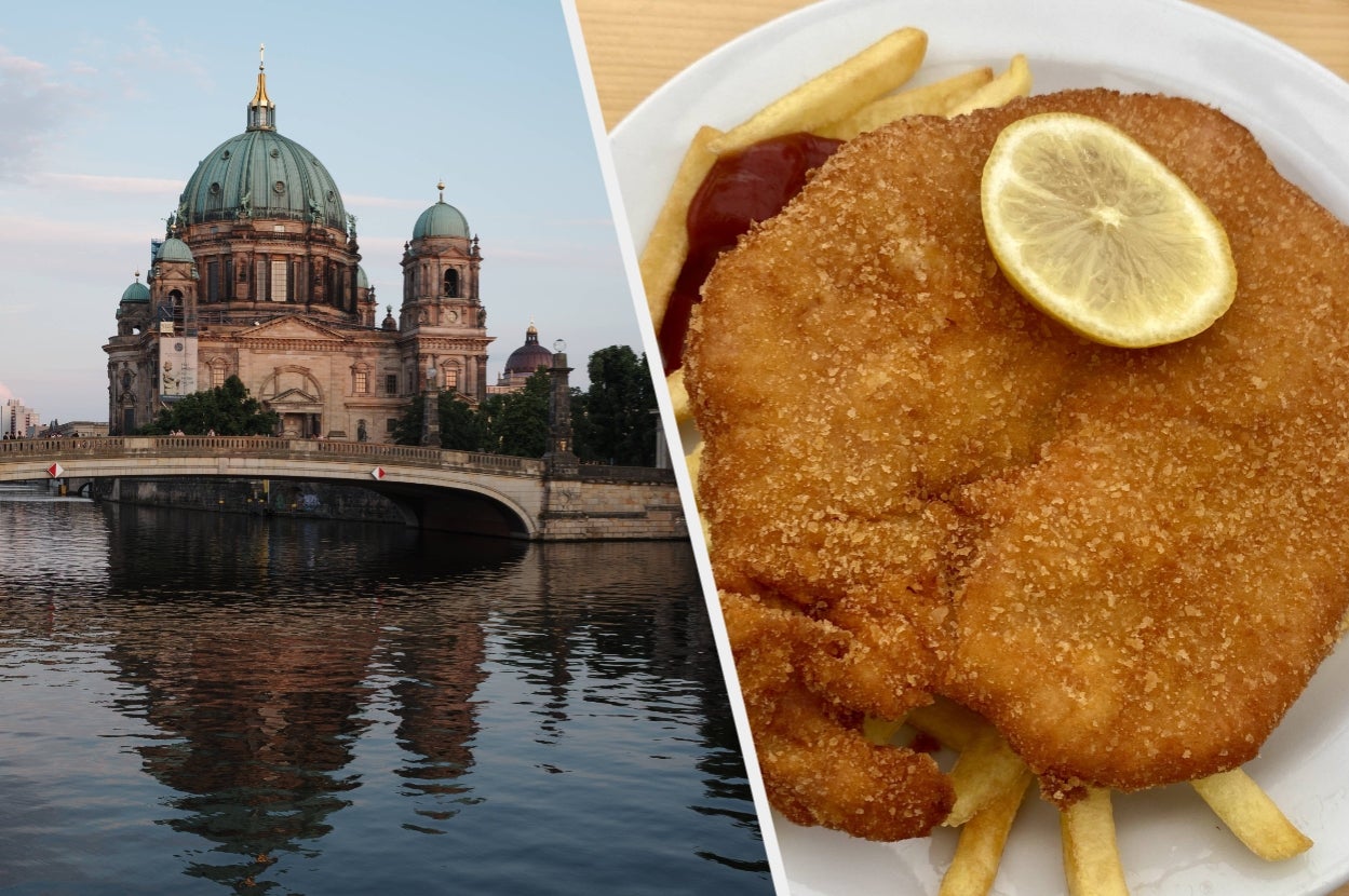 On the left, a historic domed building by a river; on the right, a plate of breaded cutlet with fries and a lemon slice