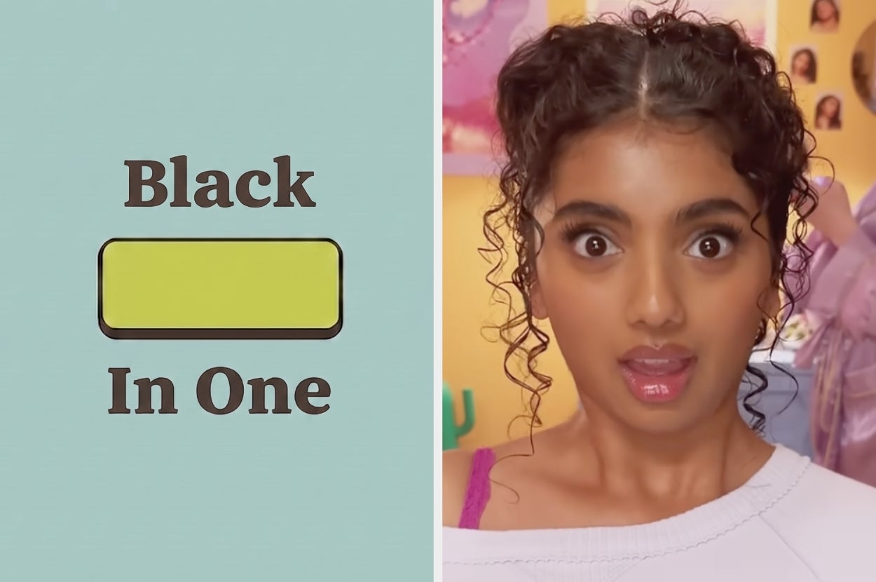 Split image: Left shows a puzzle with the text "Black in One" and a blank space. Right shows a surprised person looking directly at the viewer