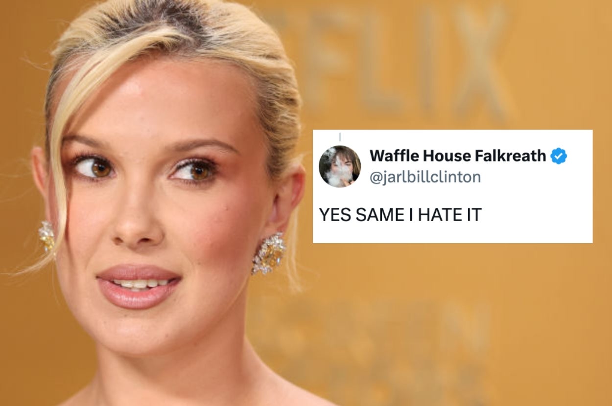 Person with elegant updo and sparkling earrings, next to a tweet reading "YES SAME I HATE IT" from Waffle House Falkreath