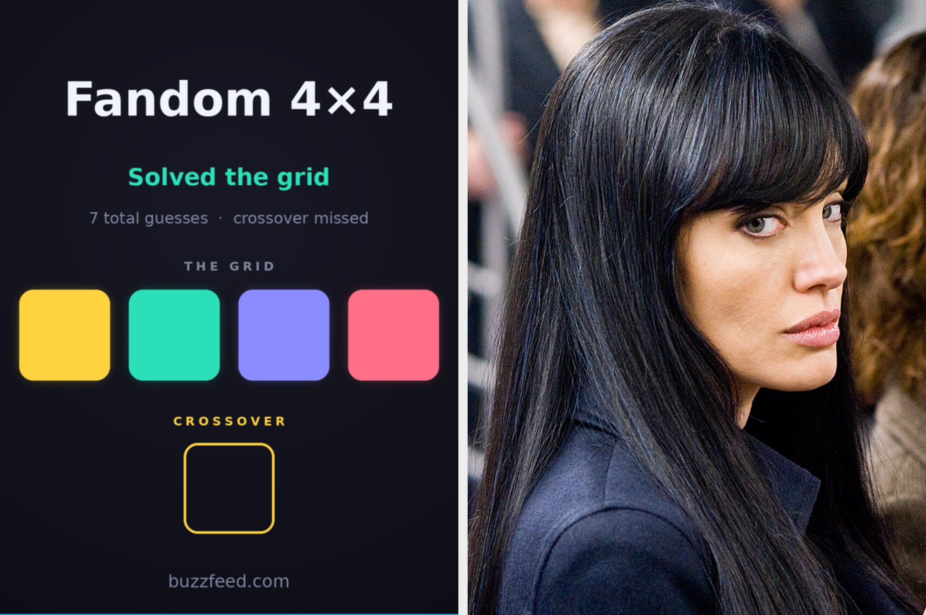 Fandom 4x4 game results with multicolored grid, 7 guesses made. Crossover missed. Image of a person with long dark hair on the right
