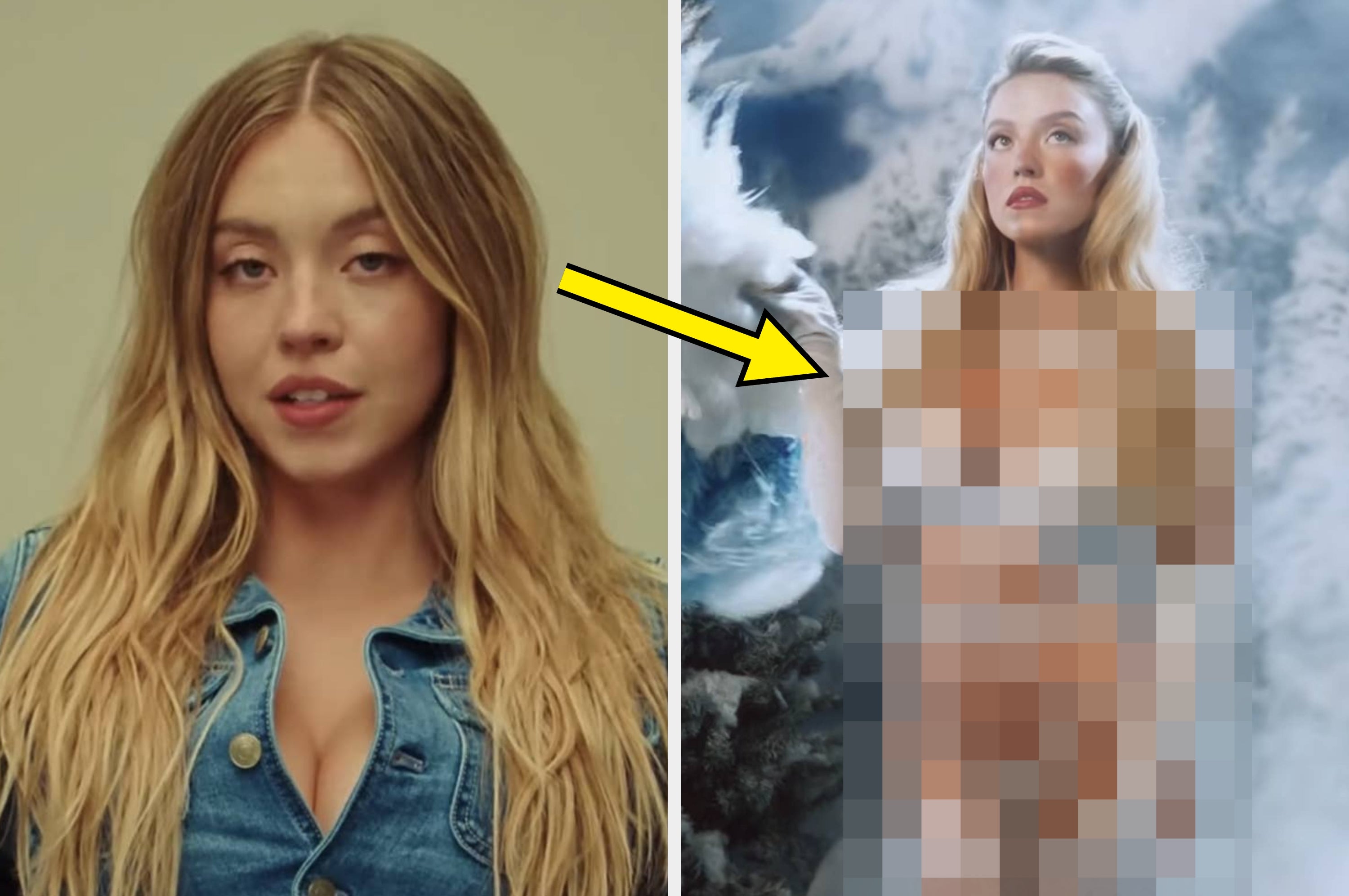 Sydney Sweeney in her American Eagle jeans ad next to an image of her in her latest ad with her body censored