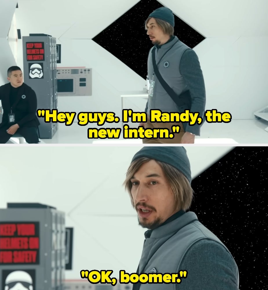 Man in a modern sci-fi setting introduces himself as Randy, the intern, and is humorously dismissed with "OK, boomer."