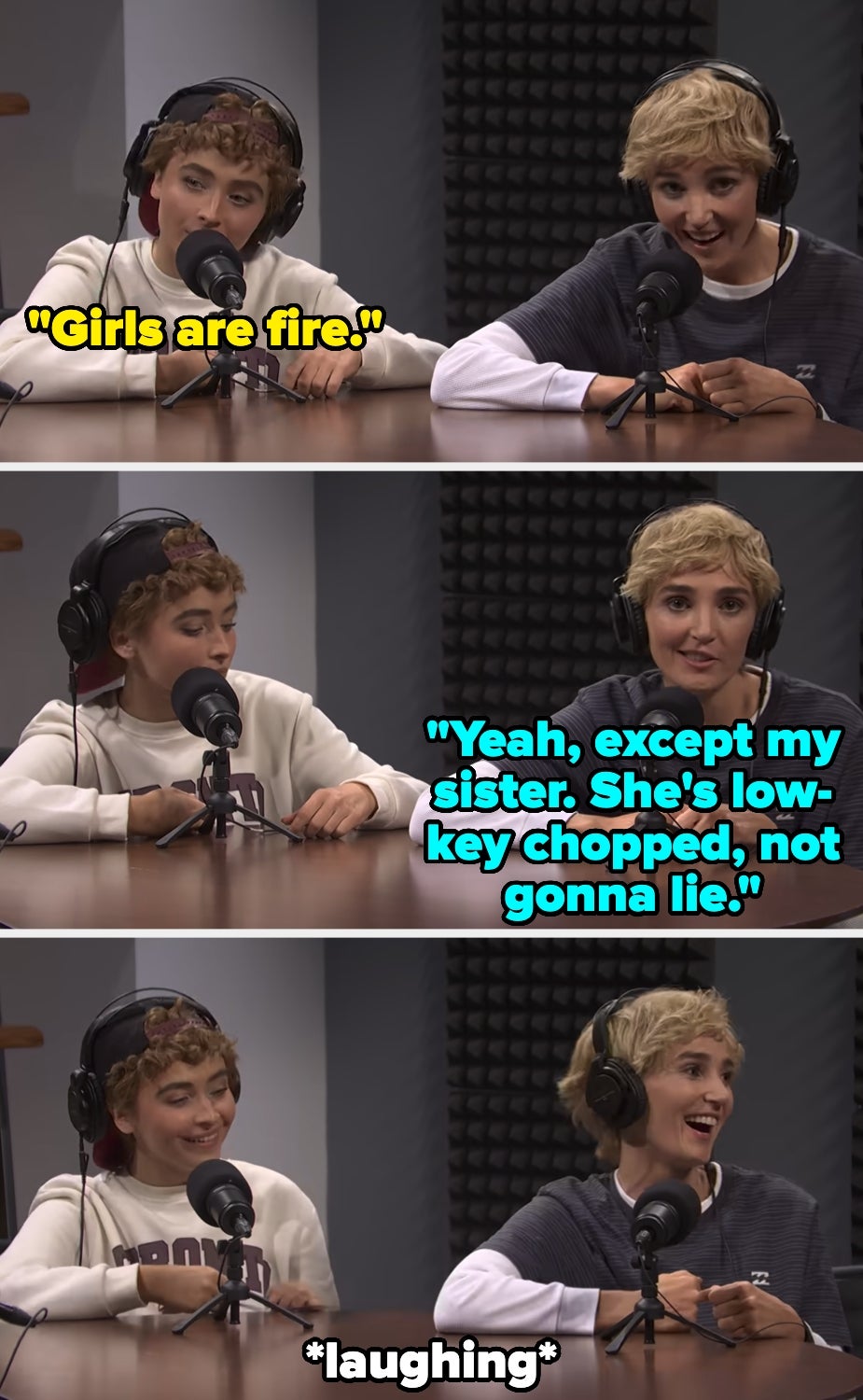 Three-panel comic of two people talking into microphones with humorous captions, ending with both laughing