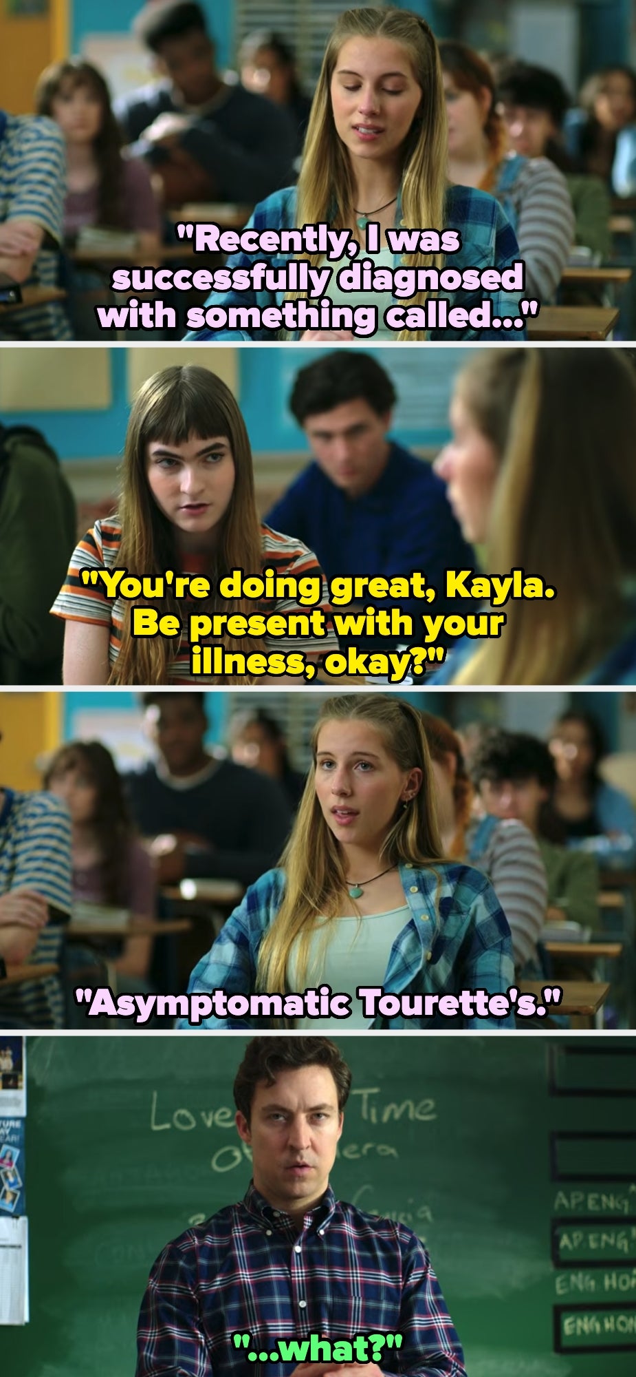 Four-panel meme in a classroom shows a student announcing she has "Asymptomatic Tourette's," confusing her classmates and teacher