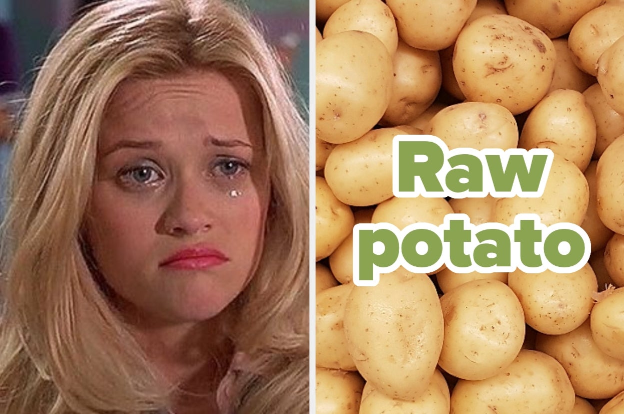 Split image: left shows Elle Woods in Legally Blonde with a tearful expression, right displays a pile of raw potatoes with text "Raw potato."