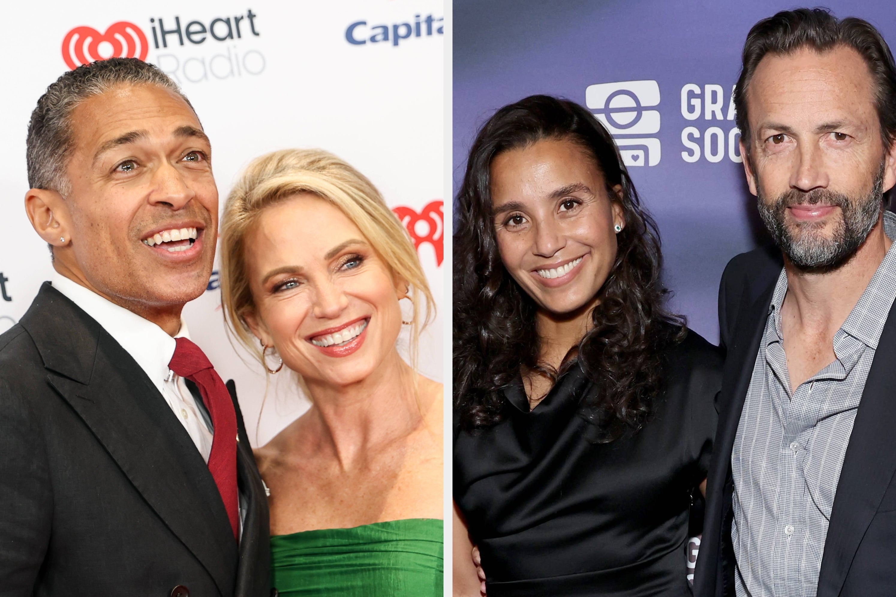 Two couples at separate events; woman in a green dress with a man in a suit, and a woman in black with a man in a casual shirt and blazer