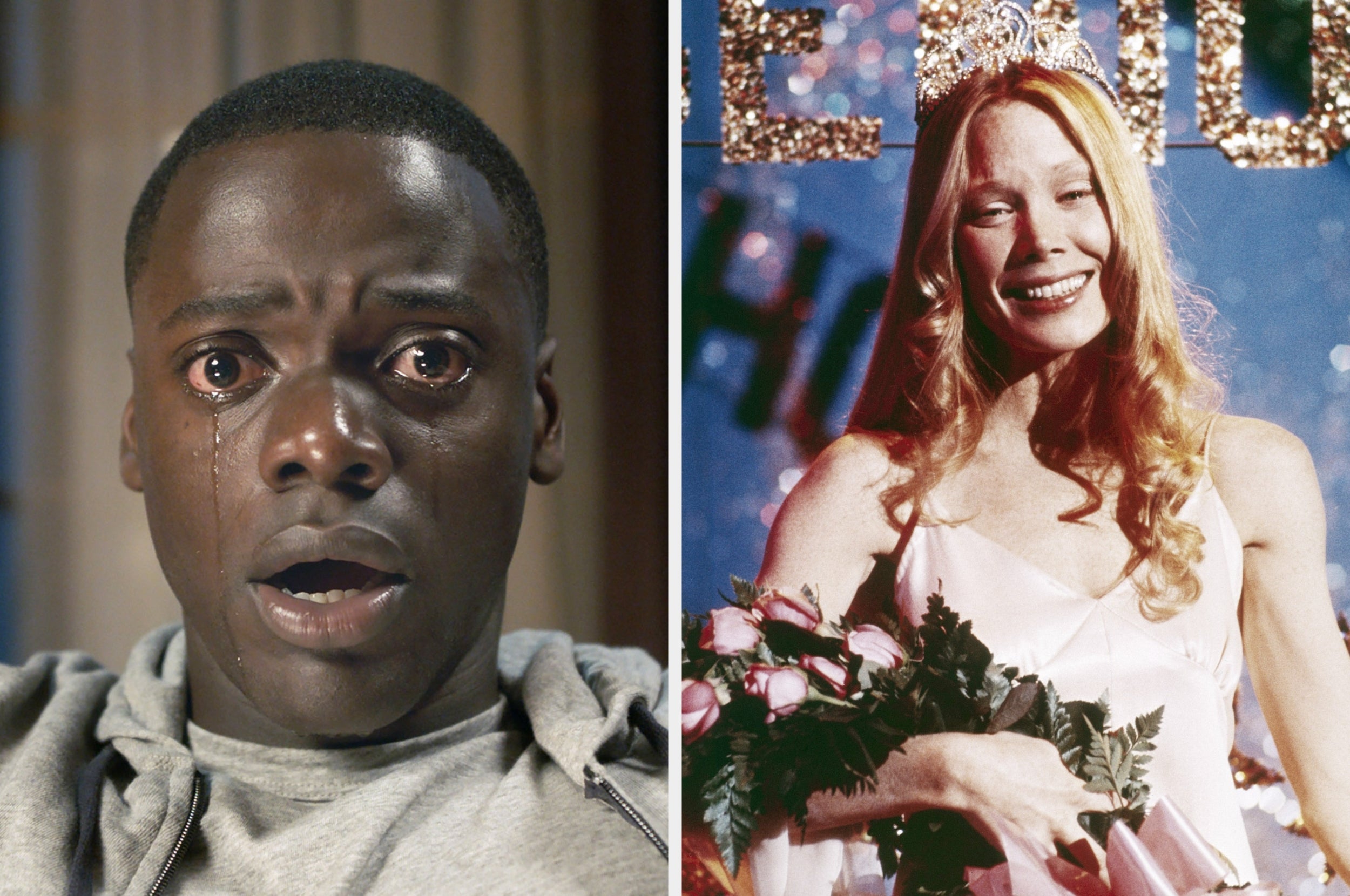 On the left, a man looks shocked and tearful. On the right, a woman in a prom dress smiles while holding flowers