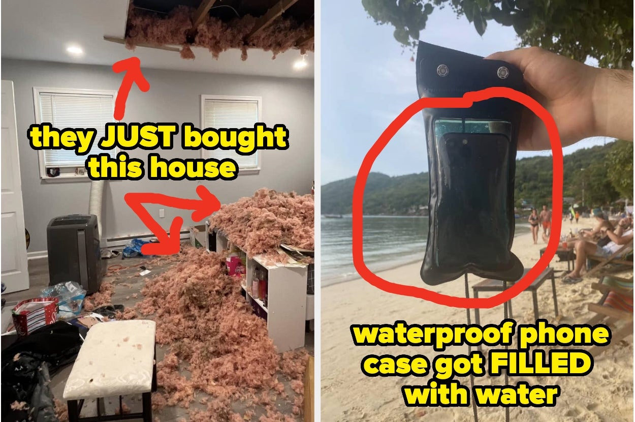 Image shows two scenarios: a house ceiling collapse and a leaking "waterproof" phone case