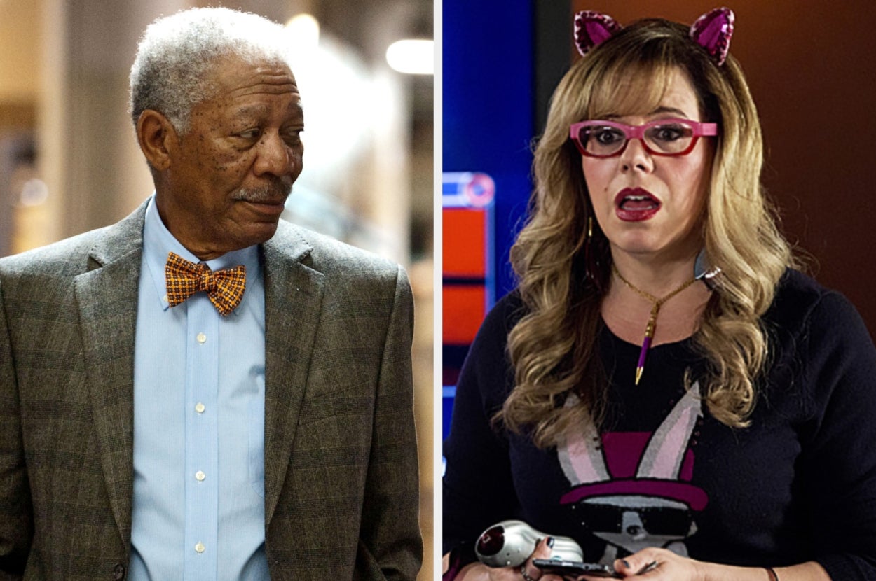 Two people are seen. One in a suit with a bow tie, looking to the side. Another with cat ear headband and glasses, holding a TV remote