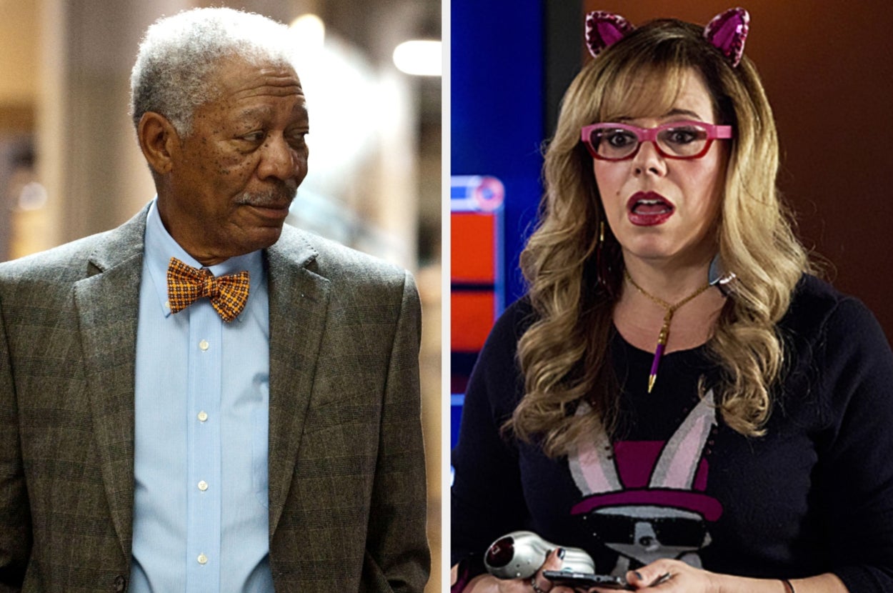 Two people are seen. One in a suit with a bow tie, looking to the side. Another with cat ear headband and glasses, holding a TV remote