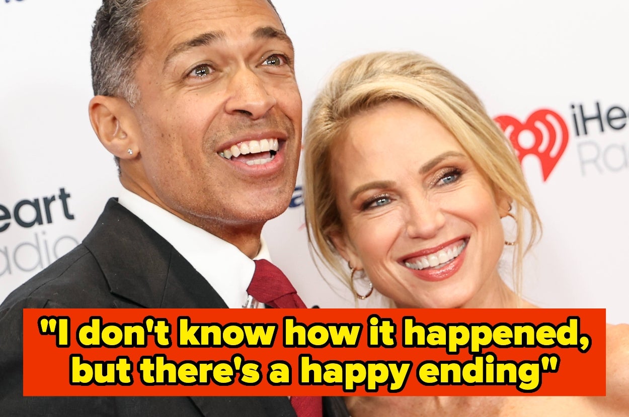 Two people smiling at a media event, dressed in formal attire. Text reads: "I don't know how it happened, but there's a happy ending."