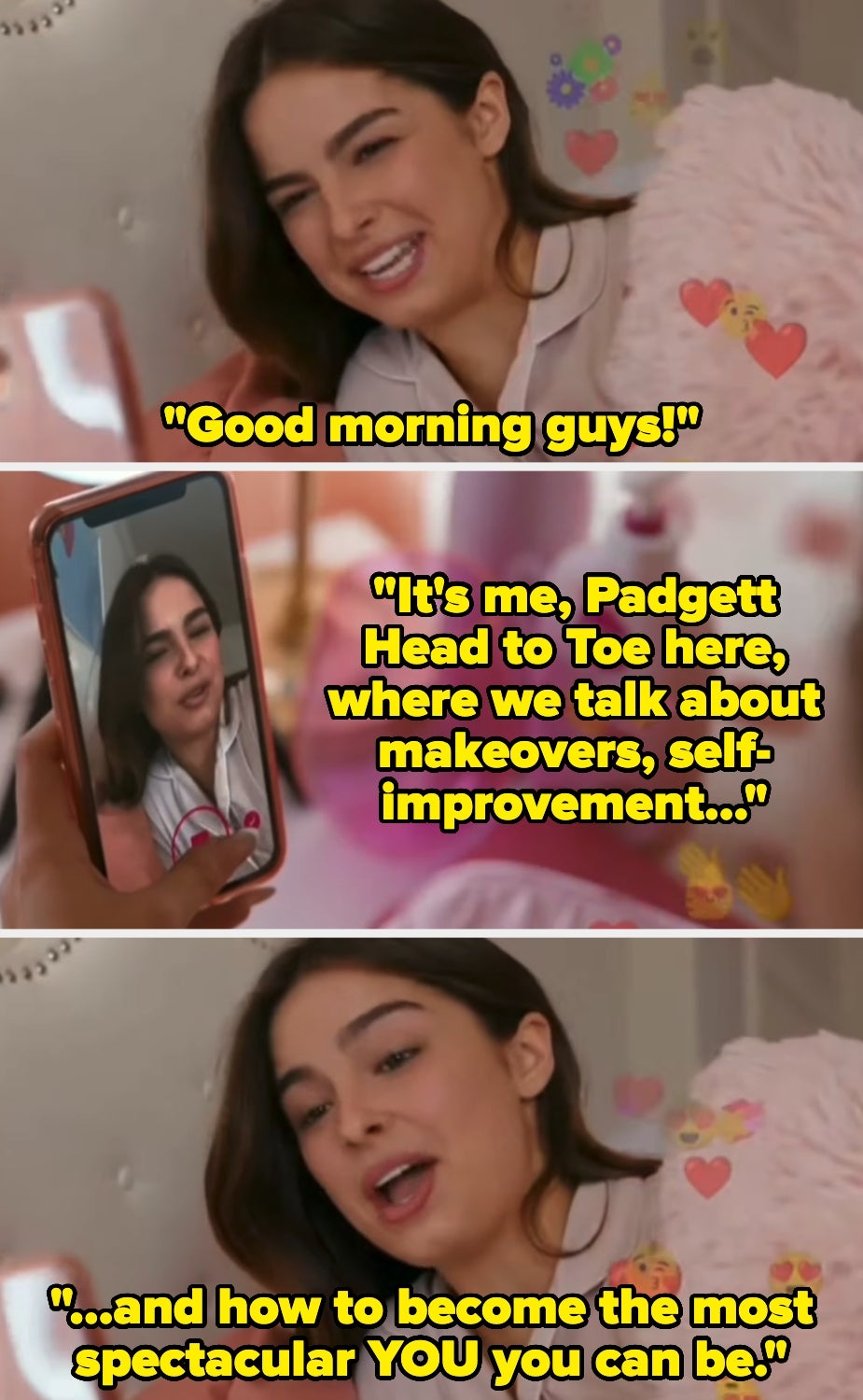 Woman in cozy attire on video call discusses makeovers and self-improvement, aiming for personal growth. Bold text highlights message themes