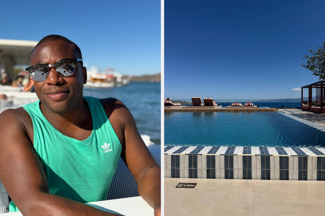 Man relaxing near water in casual tank top; beside him, a serene pool with lounge chairs and ocean view
