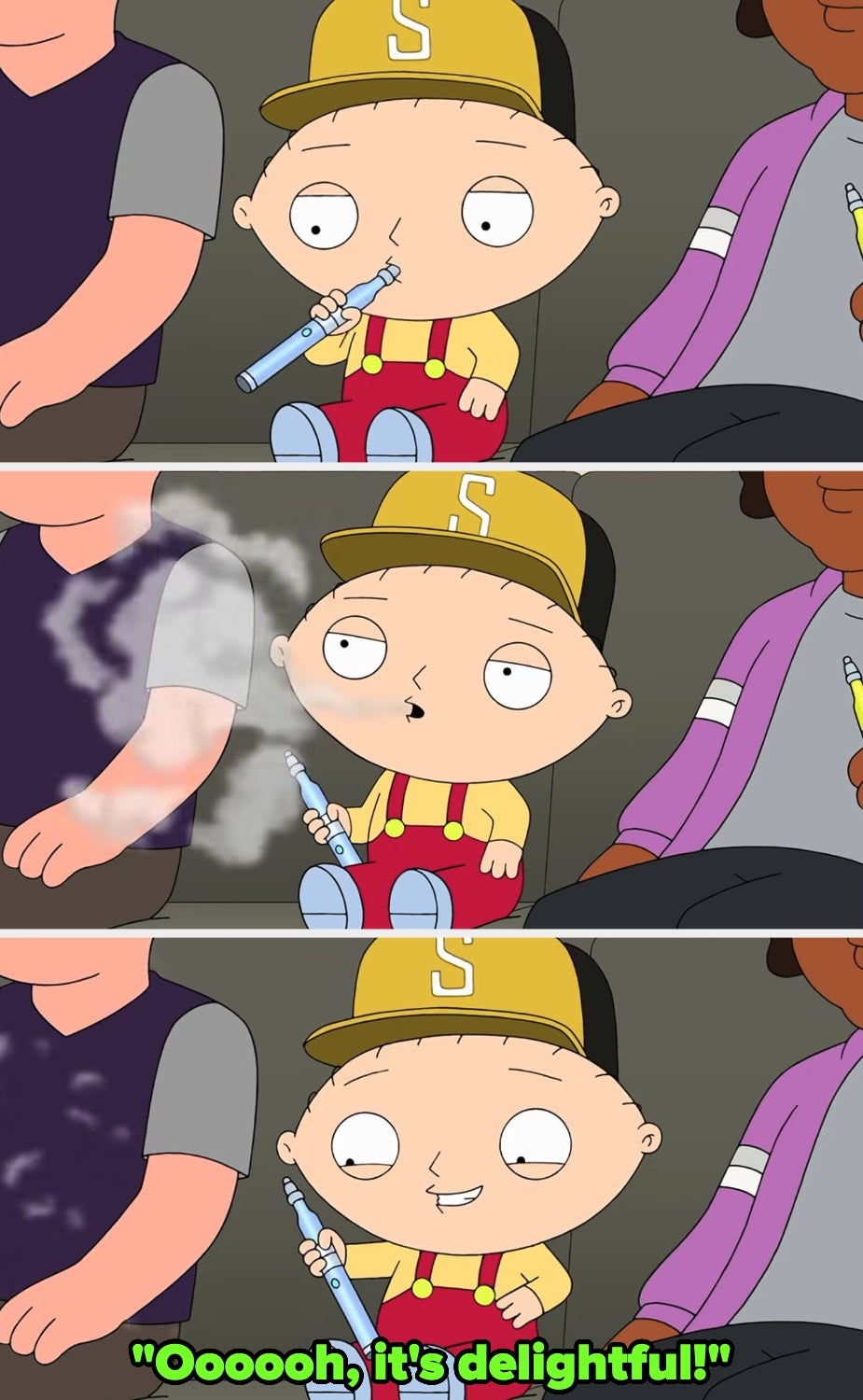Cartoon character wearing overalls and a cap exhales vapor, saying, "Ooooh, it's delightful!"