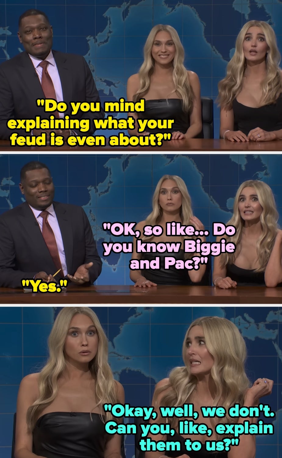 Three people on a talk show set, humorously discussing a feud, referencing Biggie and Pac, with playful expressions. Text dialogue included