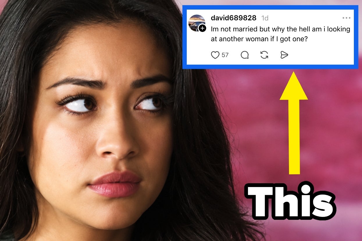A person looks sideways with a concerned expression. An arrow points to a text, "I'm not married but why am I looking at another woman if I got one?"