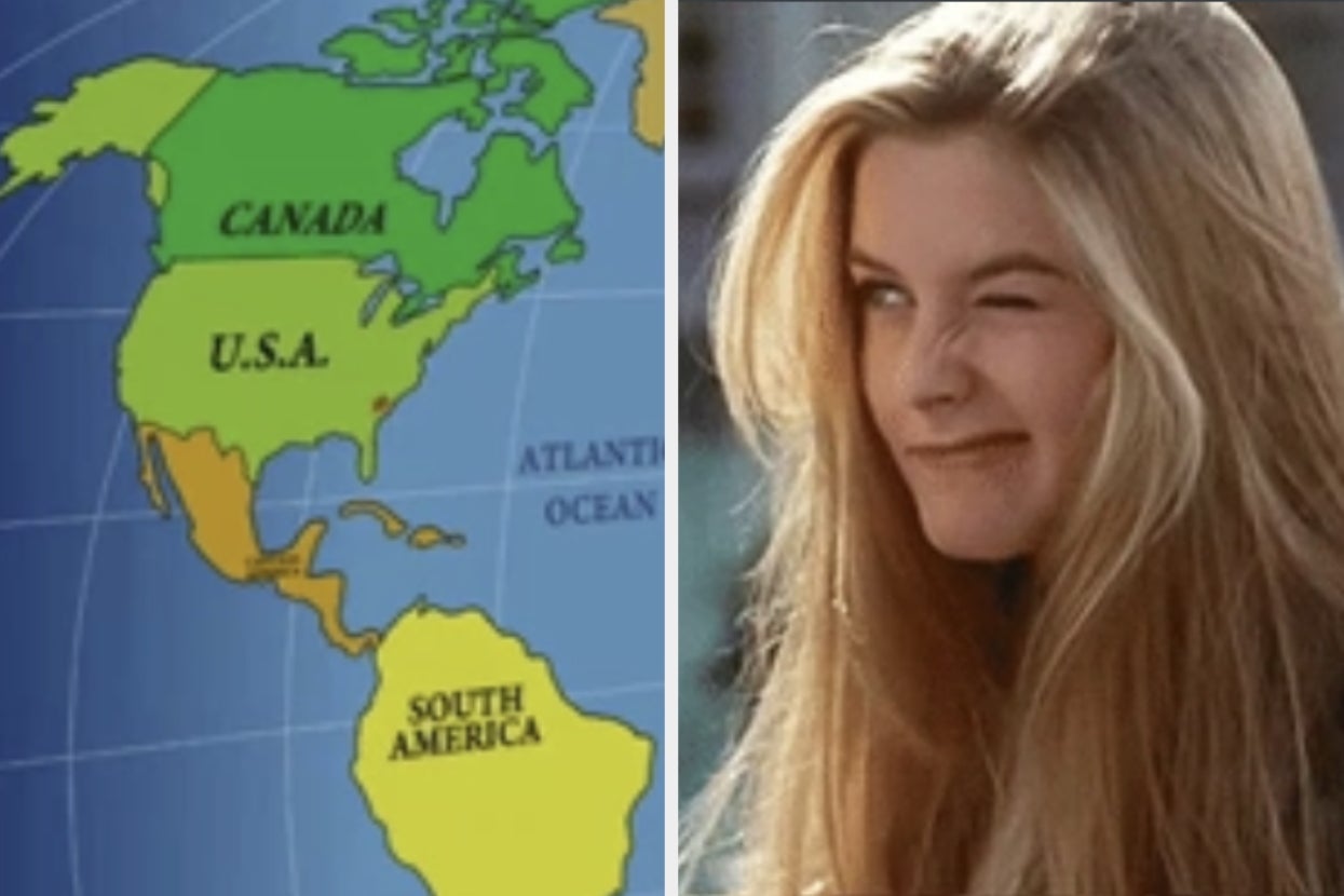 Split image: Left shows a simplified world map. Right shows a person with long hair winking, smiling slightly