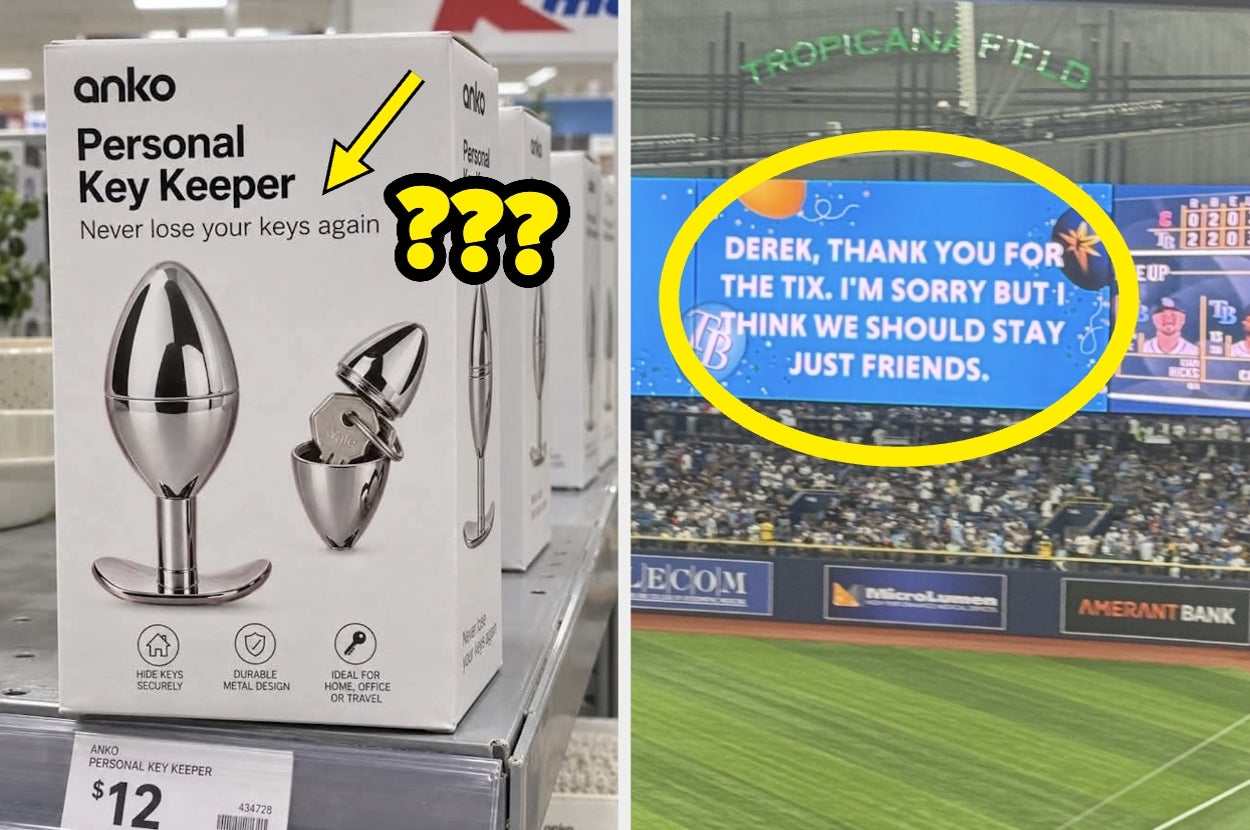 Left: Metal key holder with a humorous shape. Right: Stadium sign reads, "Derek, thank you for the tix. I'm sorry but I think we should stay just friends."