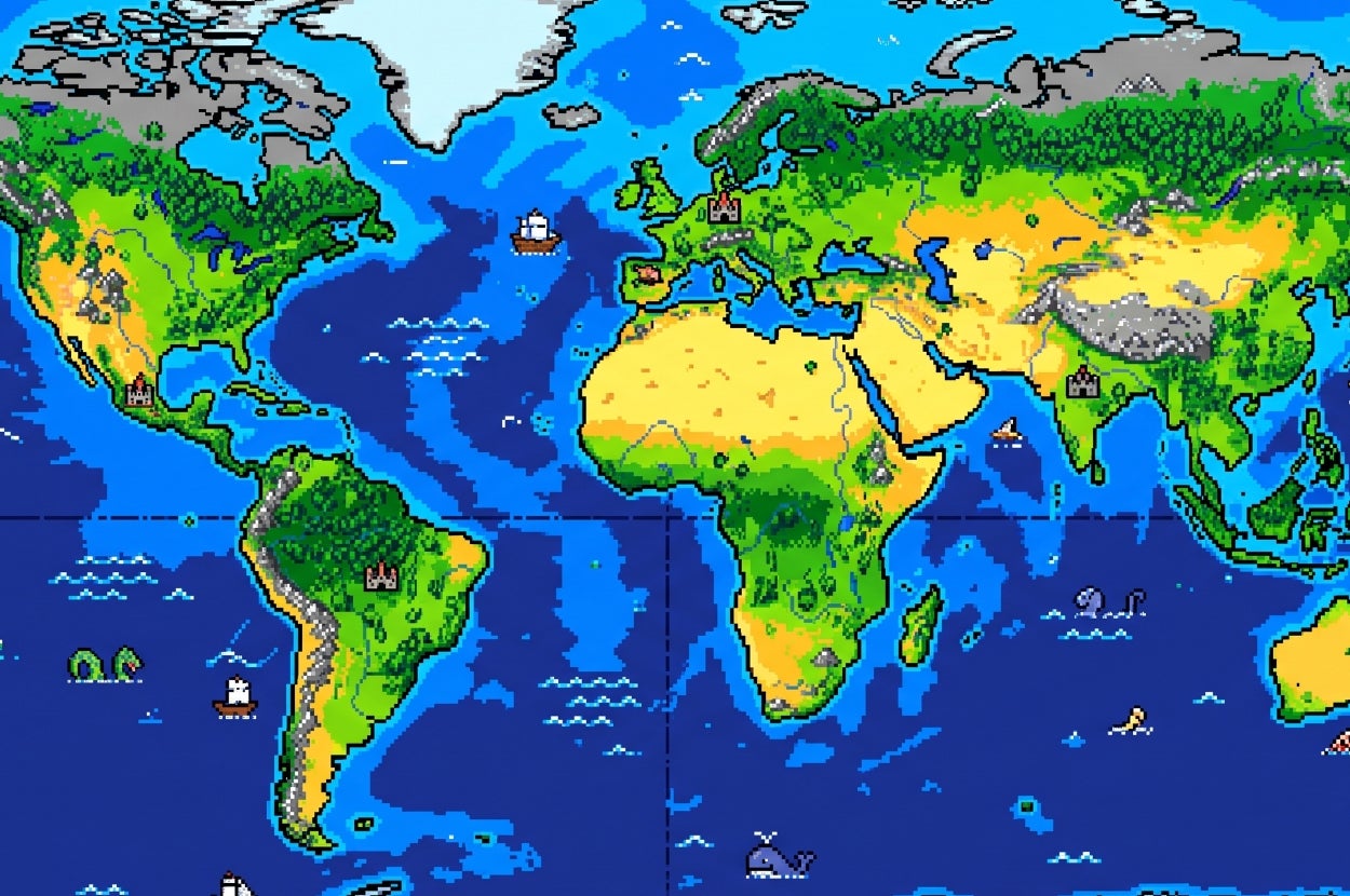 Pixelated world map from a video game, featuring iconic landmarks and sea creatures scattered across continents and oceans