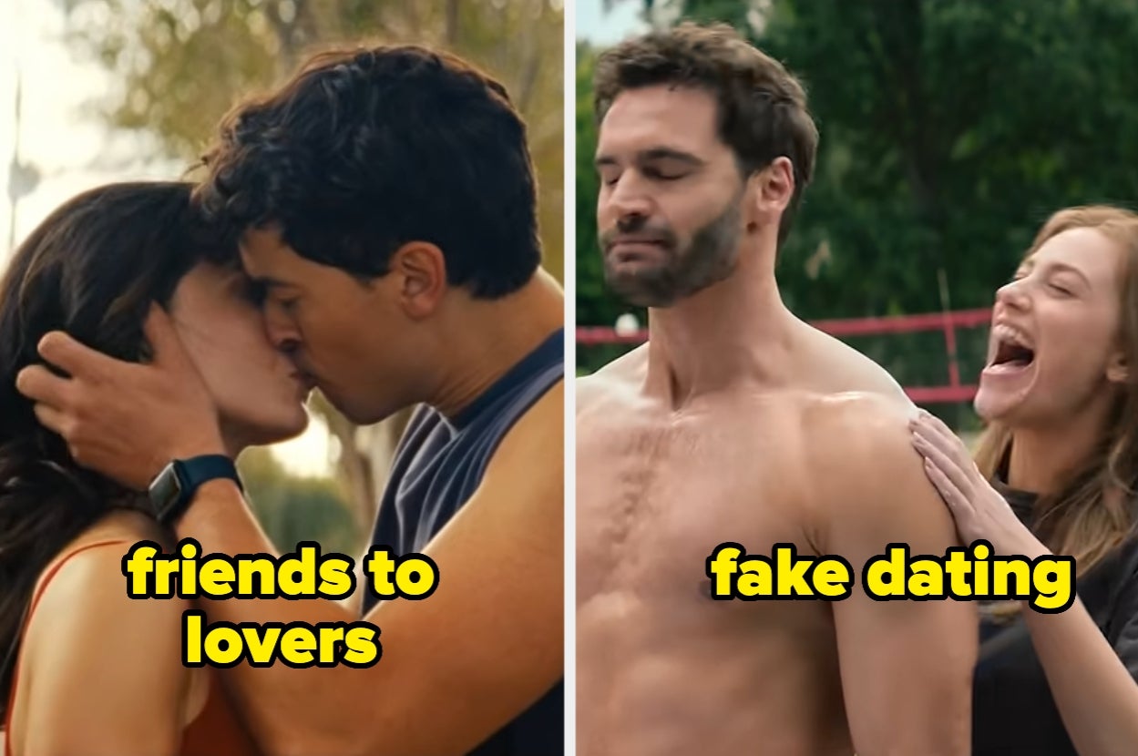 Two scenes depict romantic movie tropes: "friends to lovers" with a couple kissing and "fake dating" with a laughing pair standing together