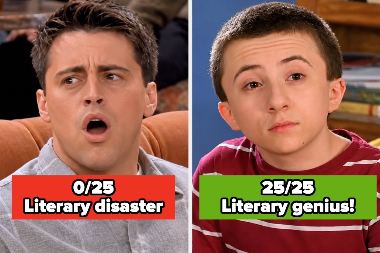 Split image: Left shows a surprised man labeled "0/25 Literary disaster"; right shows a confident boy labeled "25/25 Literary genius!"