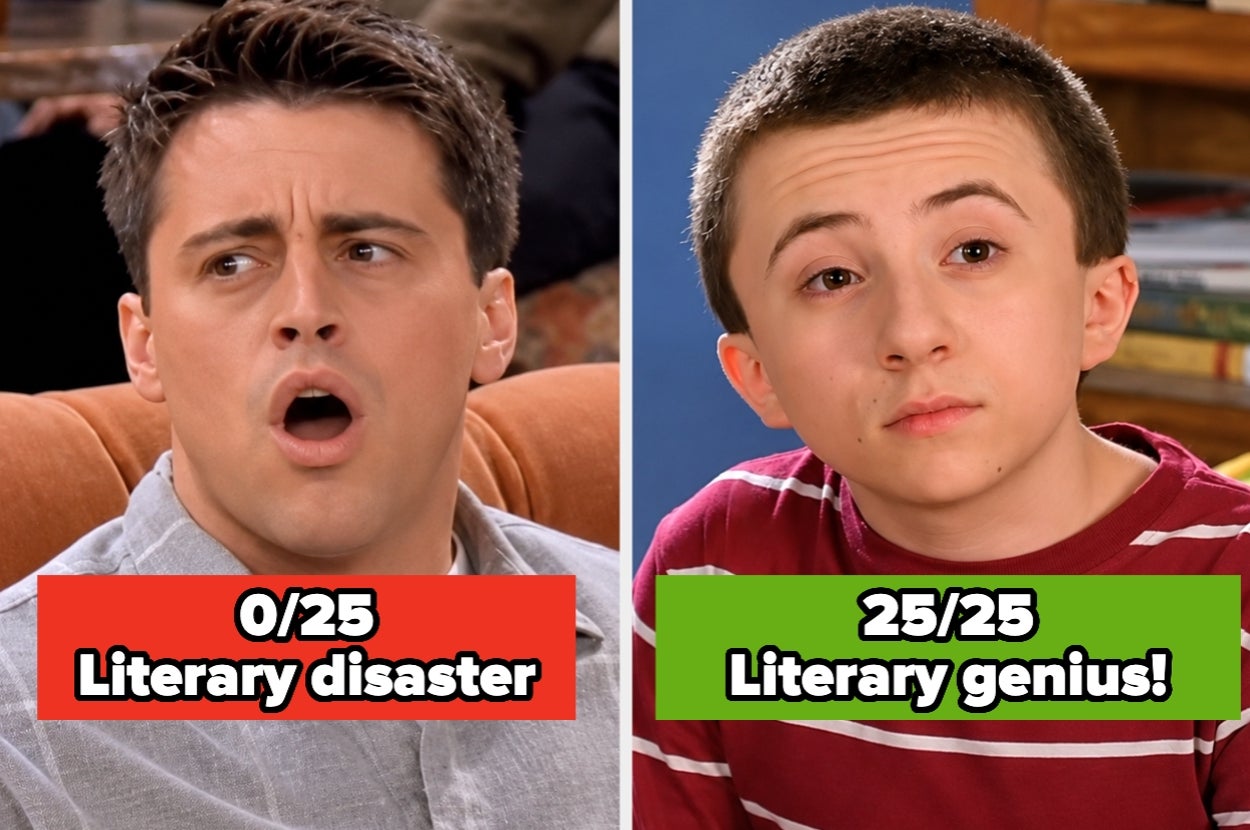 Split image: Left shows a surprised man labeled "0/25 Literary disaster"; right shows a confident boy labeled "25/25 Literary genius!"