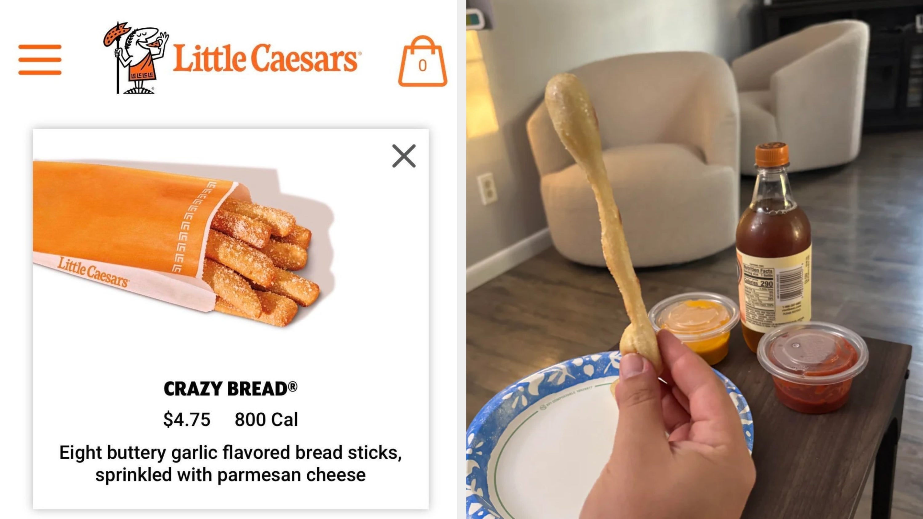  $4.75, 800 calories. Contains buttery ail  breadsticks with parmesan cheese