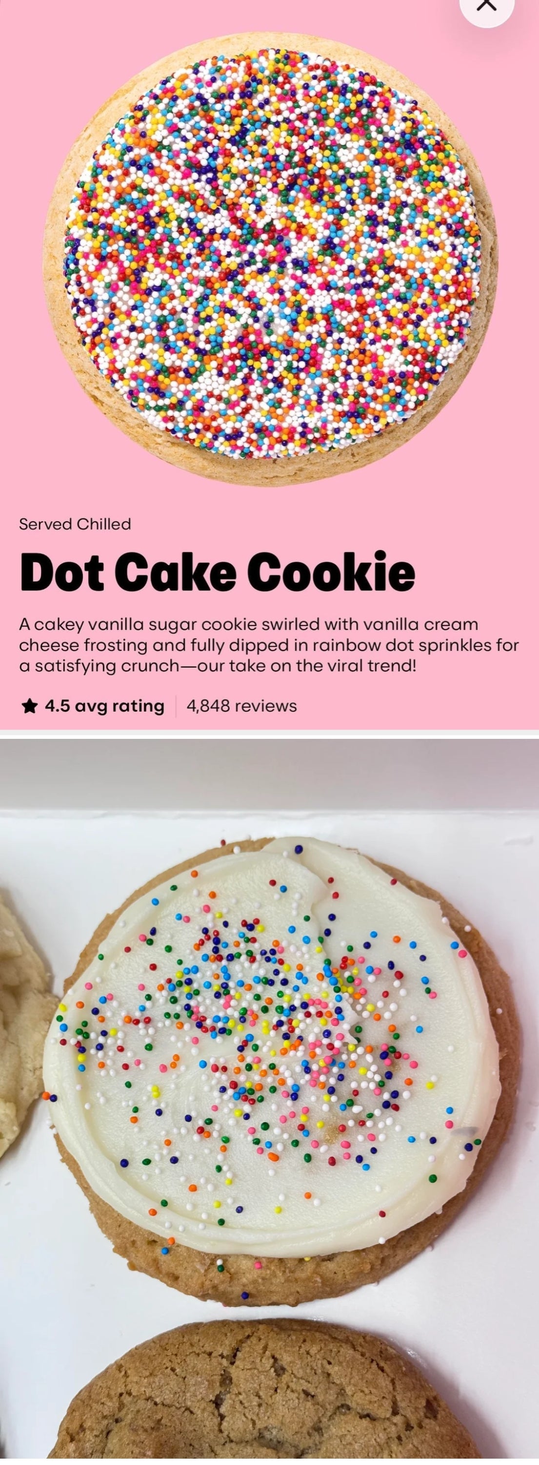 A circular  vanilla sweetener  cooky  with pick  food  frosting and rainbow dot sprinkles. Served chilled. Rated 4.5 stars from 4,848 reviews