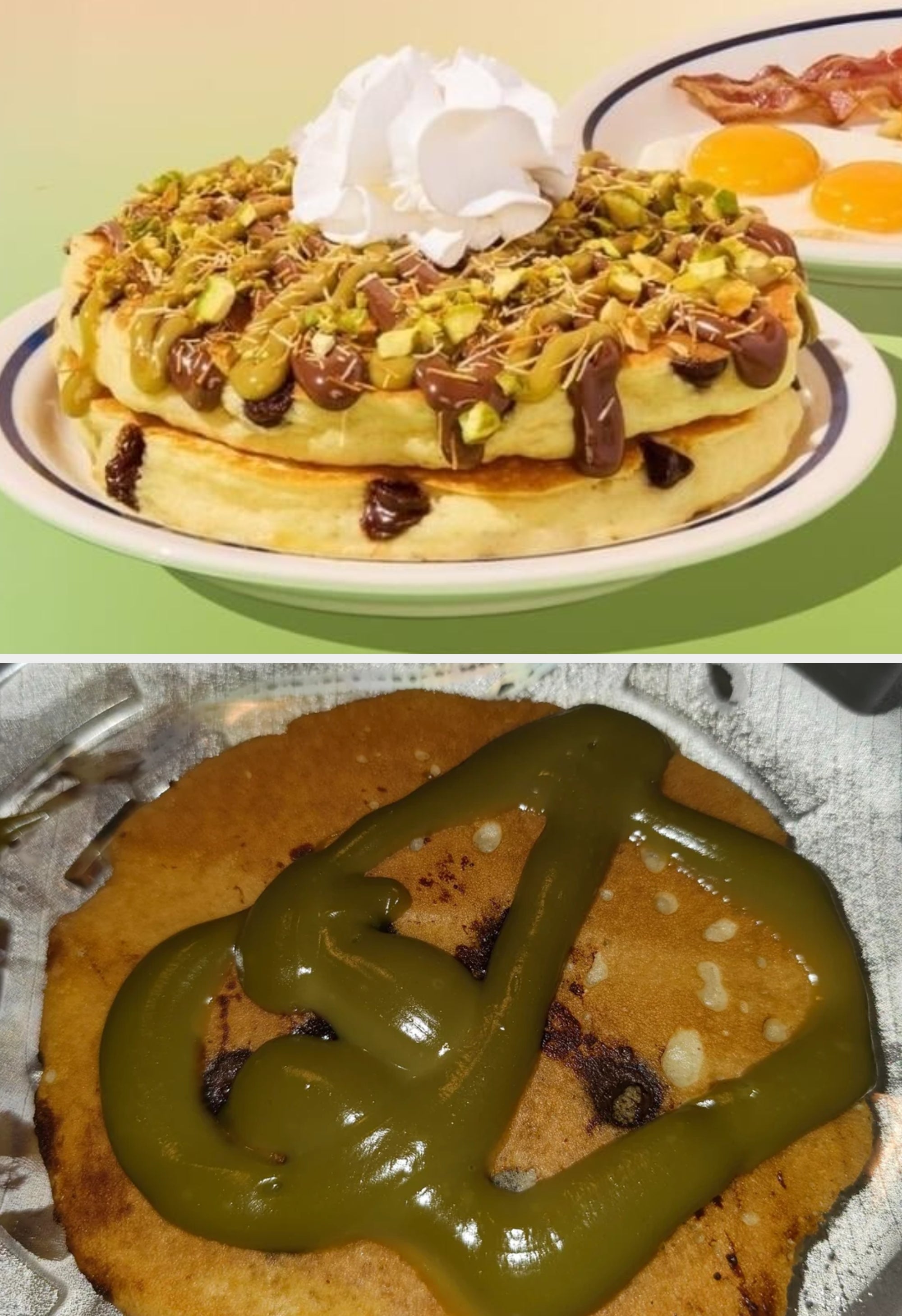 Plate with pancakes topped with whipped pick  and nuts; different  sheet  with eggs, bacon, and hash browns