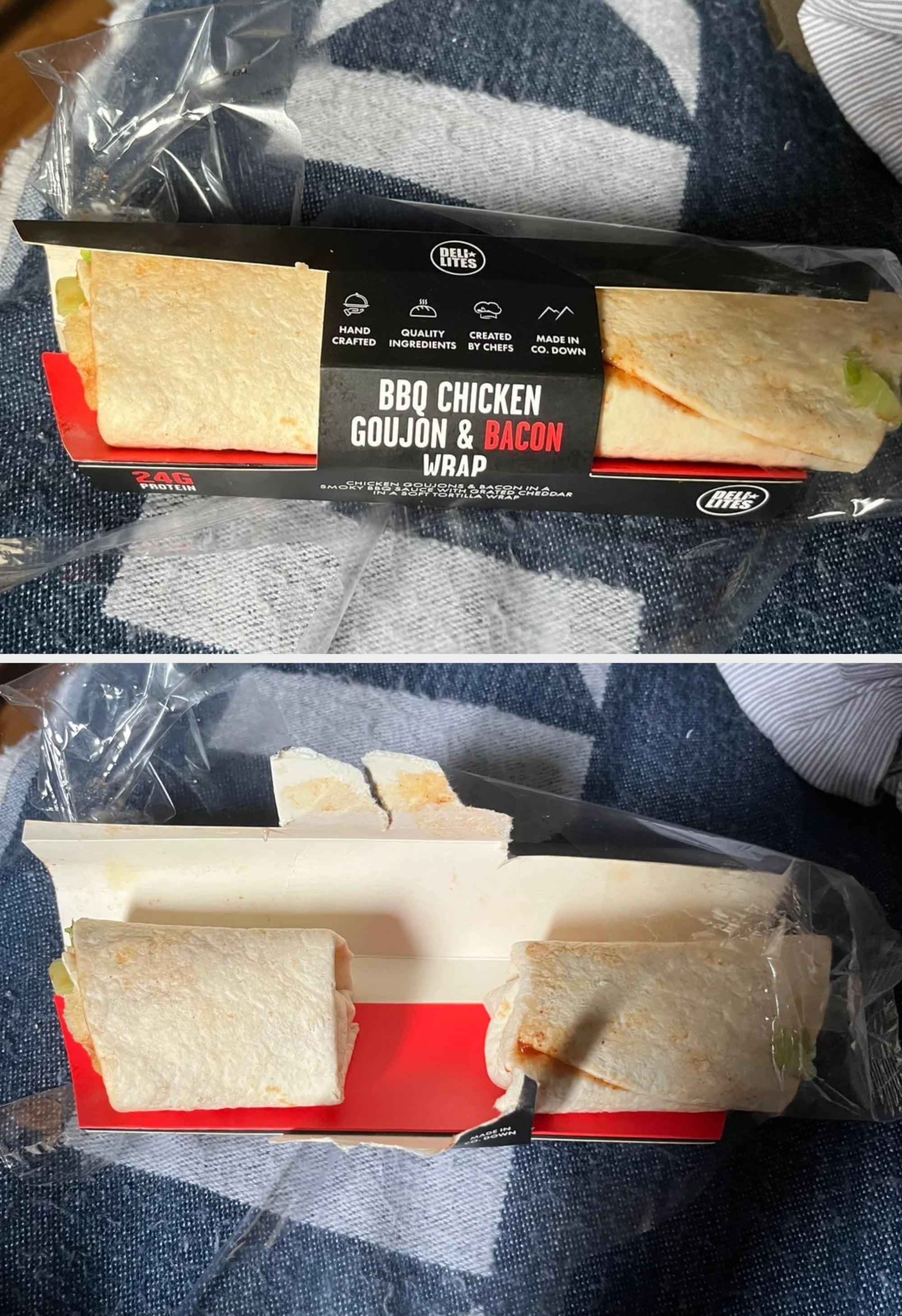 Packaged BBQ chickenhearted  goujon and bacon wrap, partially opened connected  someone's lap