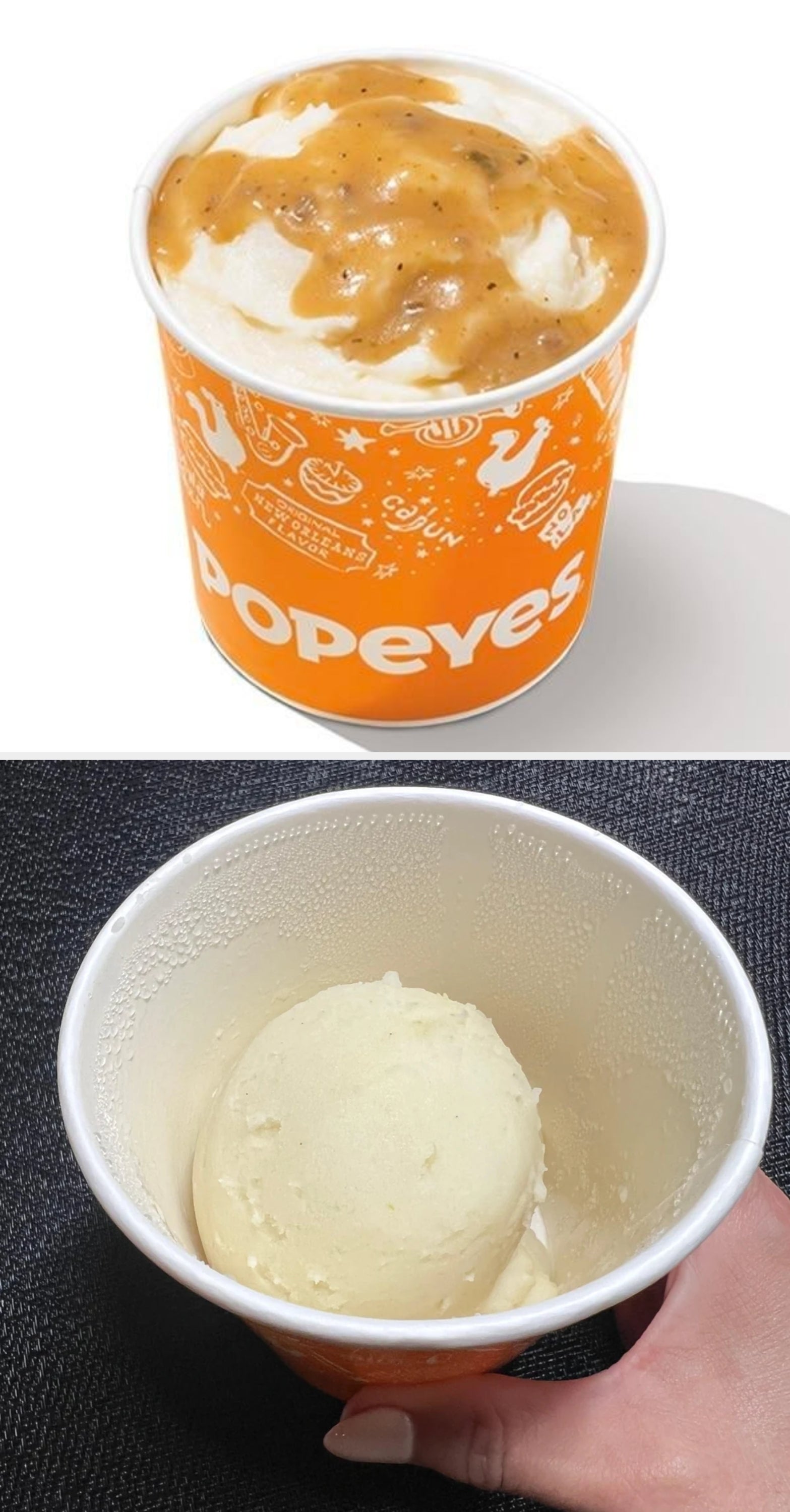 Mashed potatoes and gravy successful  an orangish  Popeyes instrumentality  with marque  logo and illustrations