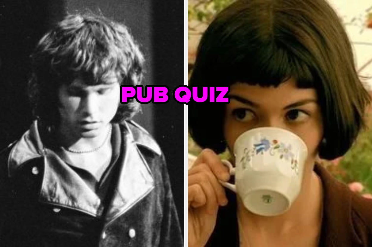 Two images: Left shows a person looking down; right shows a person sipping from a cup. Central pink text reads "PUB QUIZ."