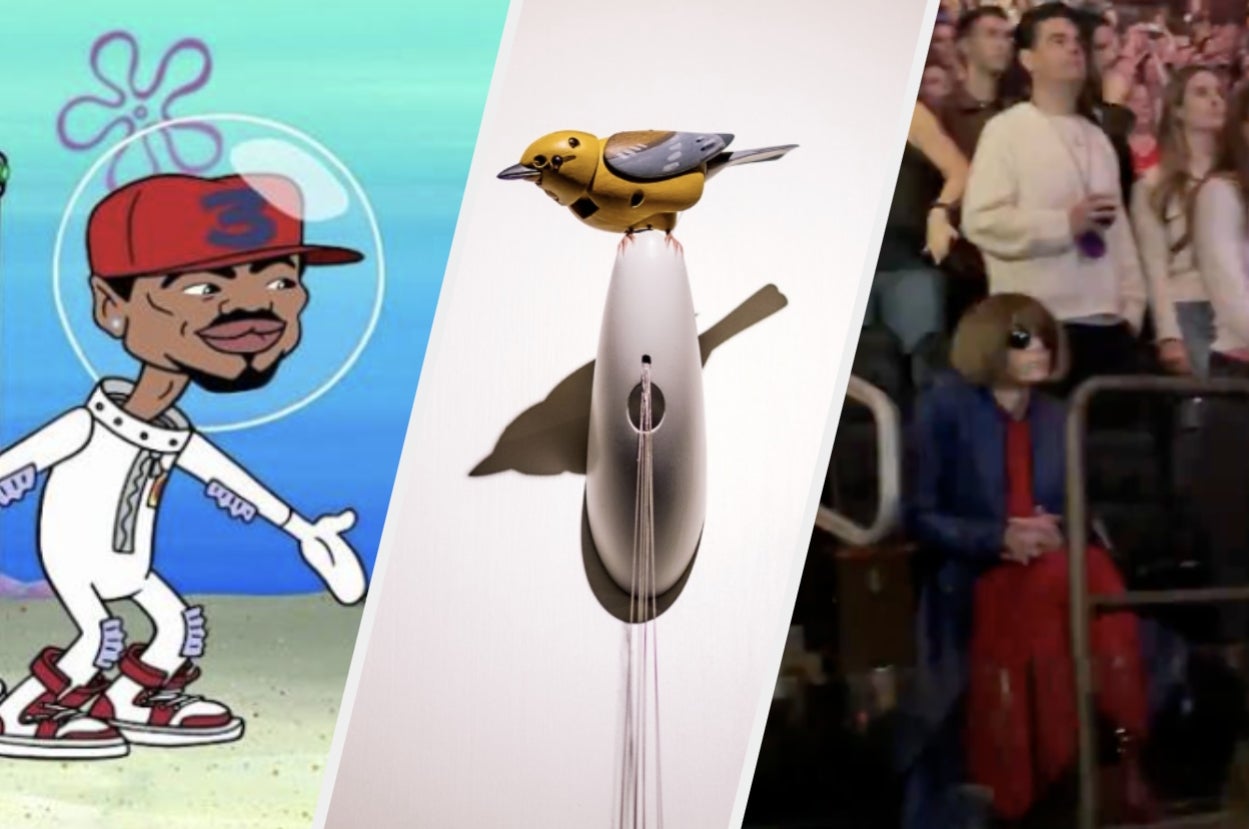Cartoon character with a red cap, modern art bird sculpture, and a crowd at an event with a person in sunglasses and red outfit