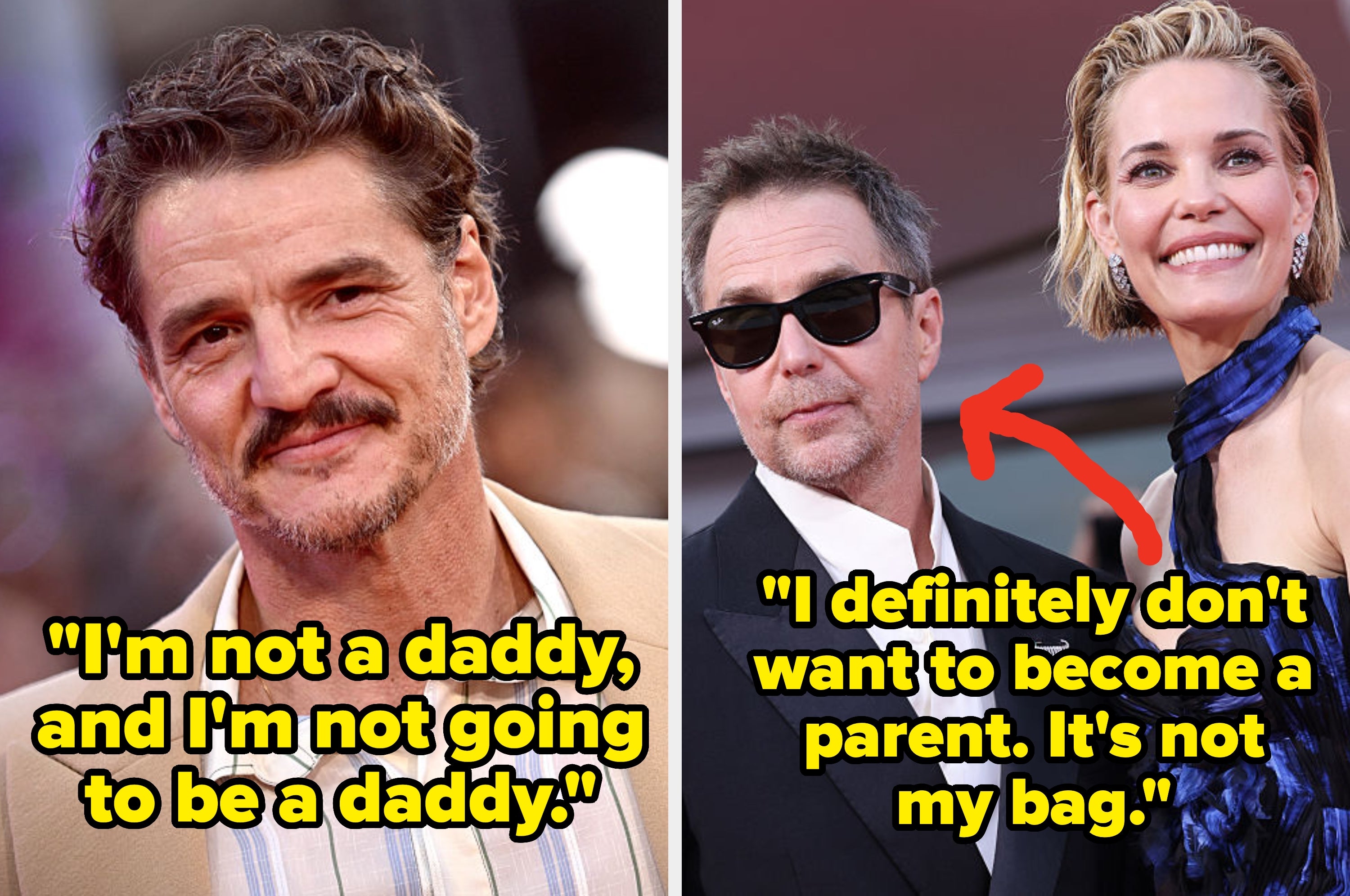 Two celebrities on the red carpet with quotes about personal life choices