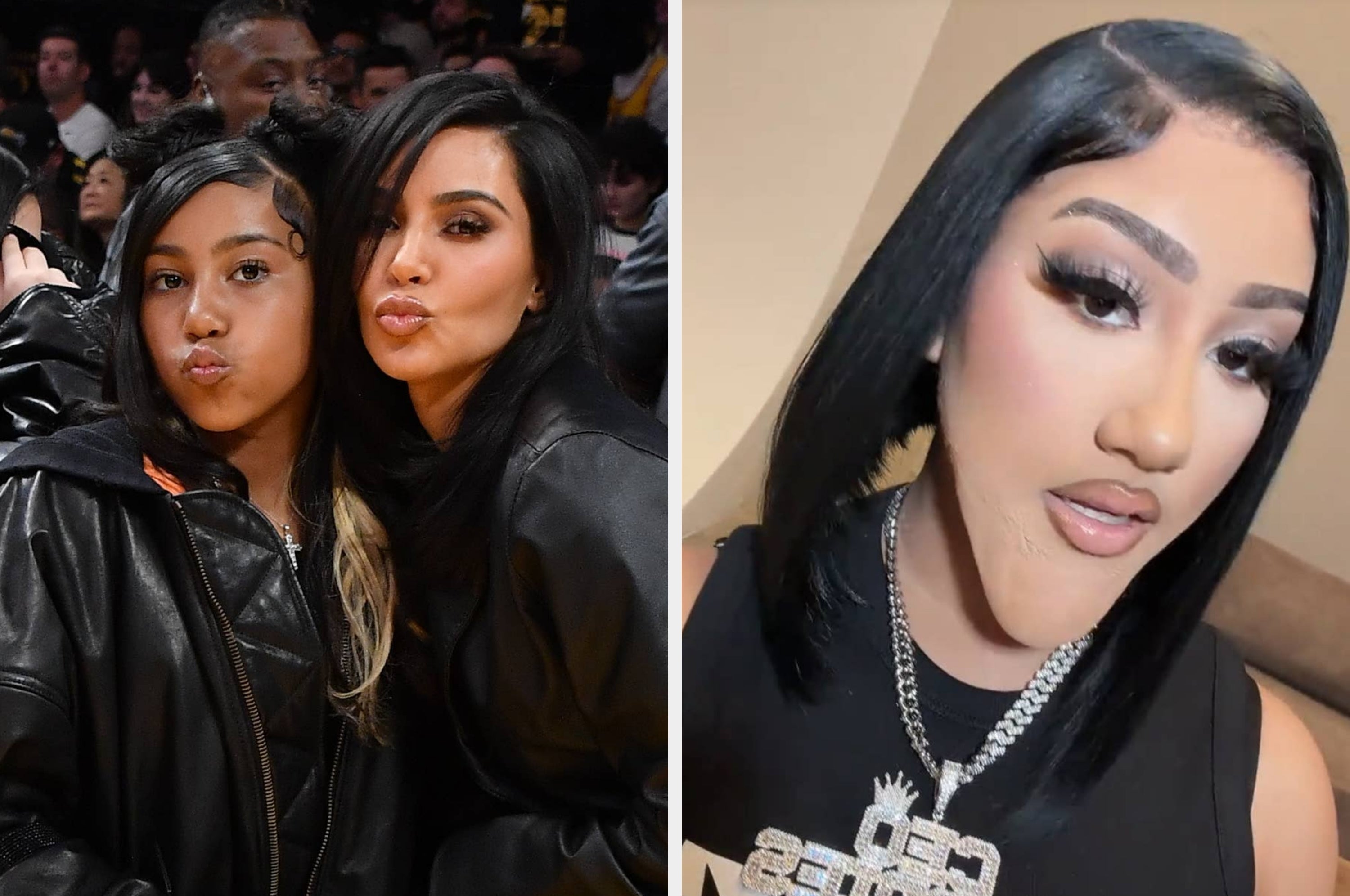 Left: North West and Kim Kardashian. Right: North dressed as Natalie Nunn with an exaggerated prosthetic chin