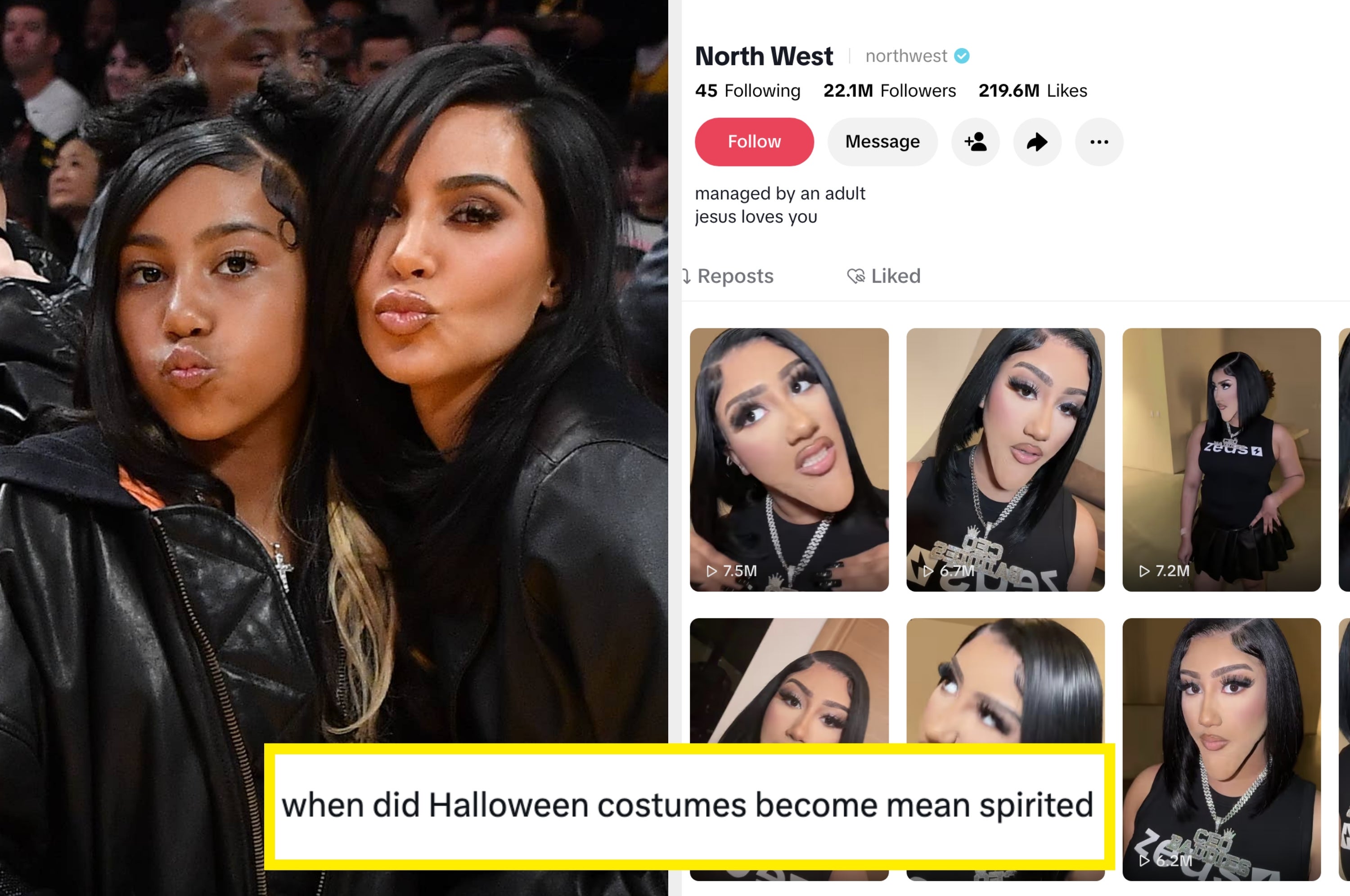 Left: North West and Kim Kardashian. Right: North dressed as Natalie Nunn with an exaggerated prosthetic chin. Tweet questions mean-spirited Halloween costumes